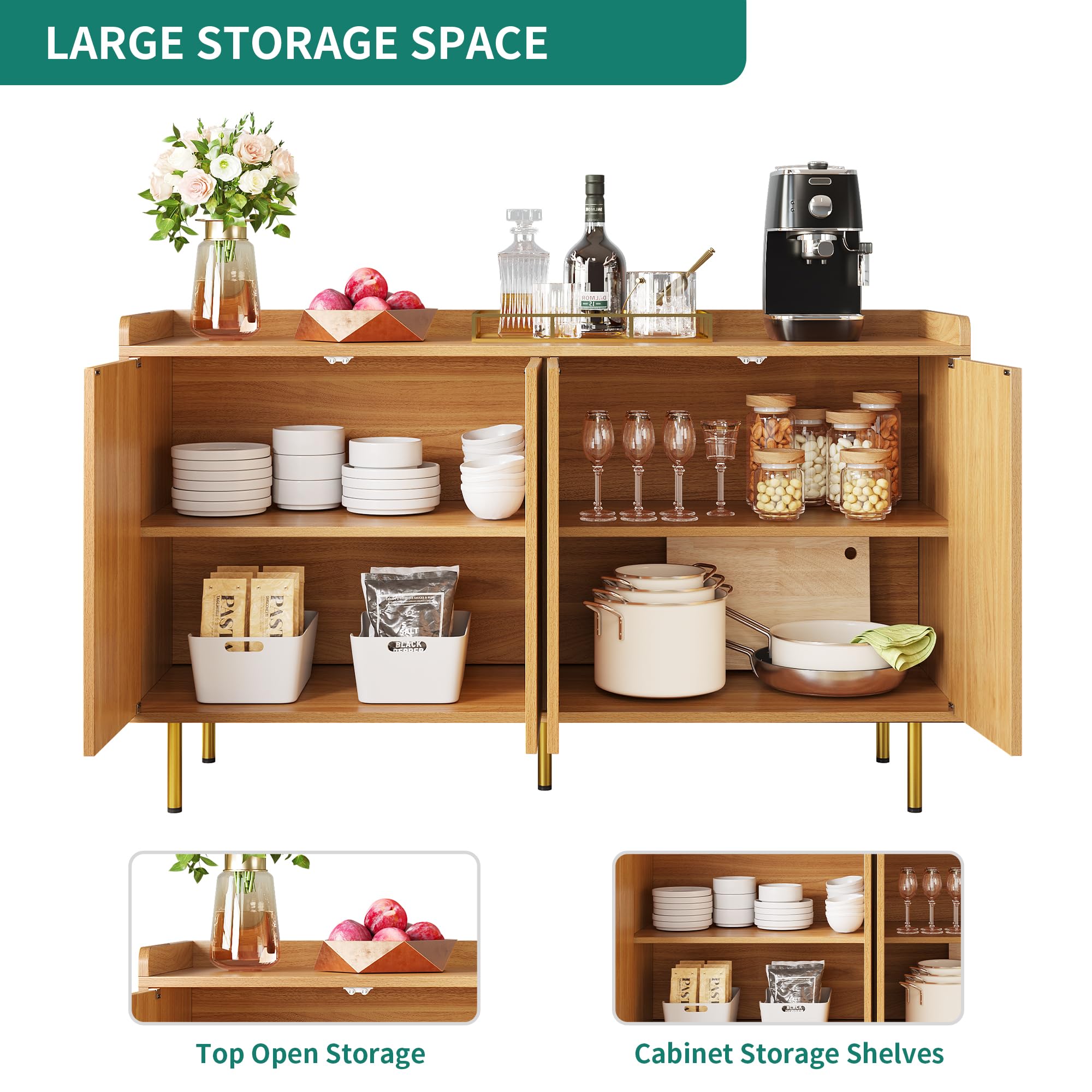 YITAHOME Modern Sideboard Buffet Cabinet - Kitchen Storage & Coffee Bar Table with Carved Doors for Living Room & Dining Room - Natural Wood Freestanding Cabinet for Home Decor & Entertaining