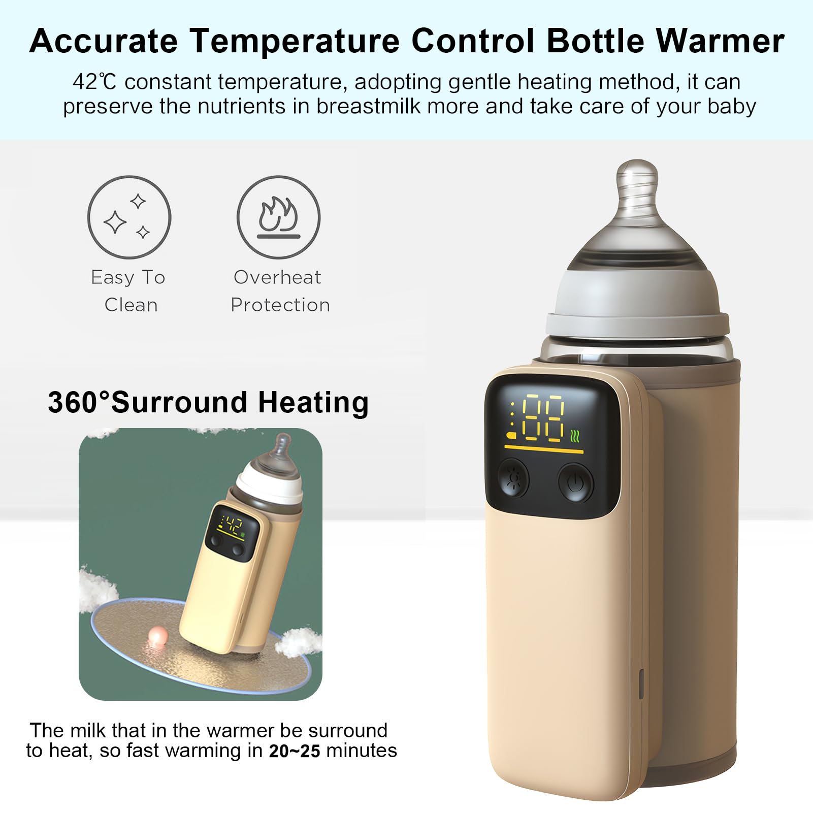 Portable Baby Bottle Warmer for Breastmilk & Formula - 18W Fast Heating Warmer with Temperature Display, 6000mAh Battery & Nightlight - Leakproof Travel Bottle Warmer for On-the-Go Parents (Perfect for Car, Travel, Night Feeding & Diaper Bag)
