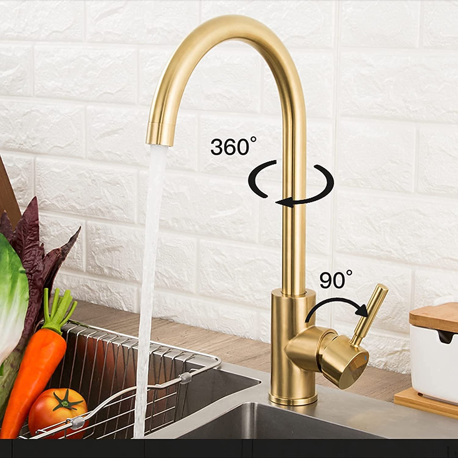360° Rotating Brushed Gold Stainless Steel Kitchen Faucet - Hot & Cold Water Mixer Tap with Durable Surface for Modern Kitchen Sink | Perfect for Cooking, Washing Dishes & Food Prep
