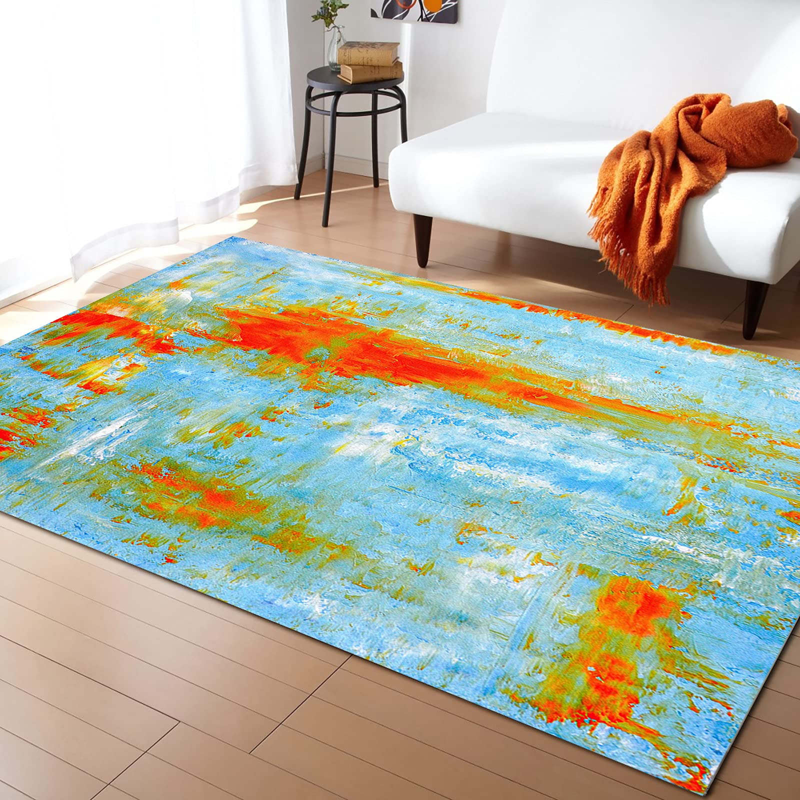 Abstract Geometric Graffiti Art Area Rug 3'x5' - Washable Indoor/Outdoor Runner for Kitchen, Living Room, Bathroom & Bedroom - Non-Slip Doormat & Desk Mat in Orange, Red & Blue Oil Painting Design - Perfect for Home Decor, Office & Classroom Use