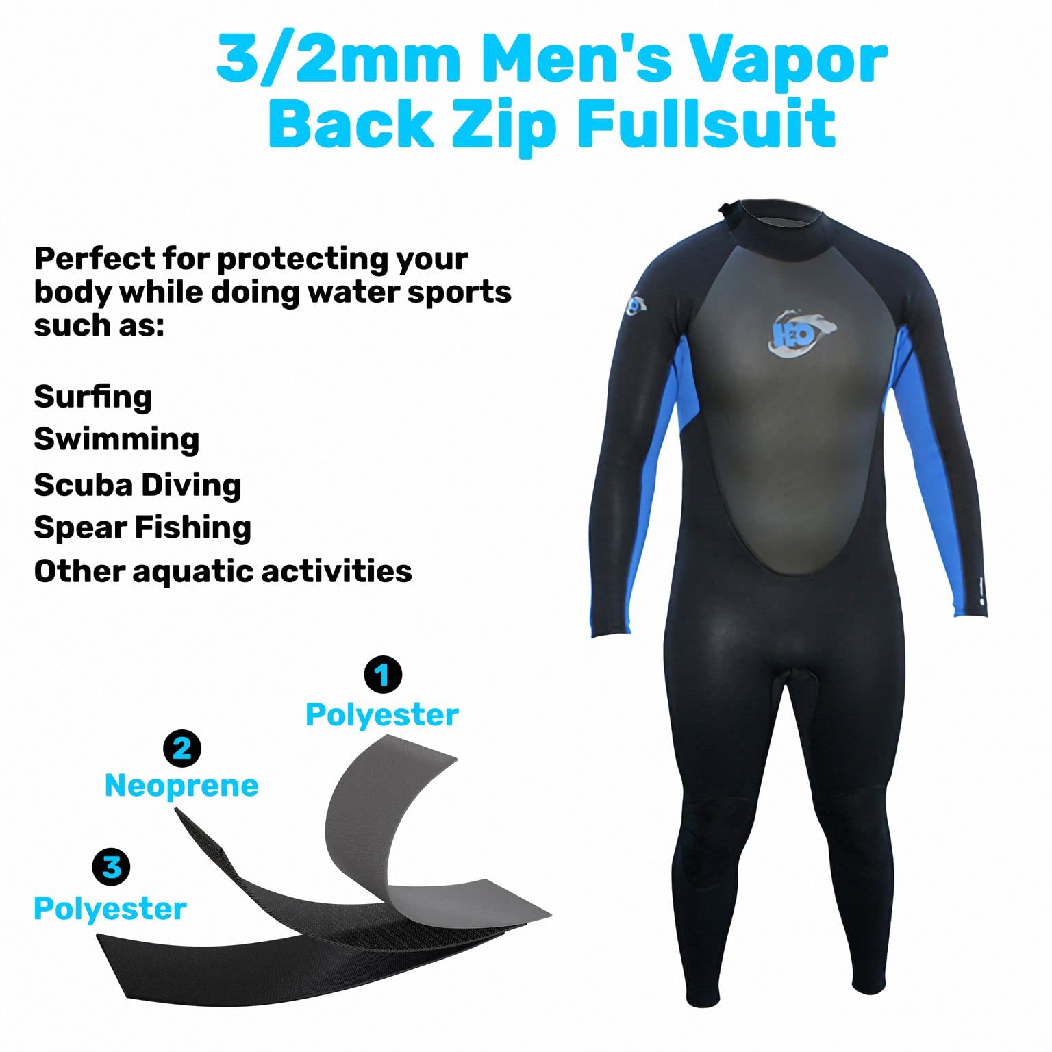 H2Odyssey 3/2mm Men's Vapor Back Zip Wetsuit - Long Sleeve Neoprene Swimsuit for Surfing, Scuba Diving & Water Sports | Warm & Flexible for Cold Water Activities