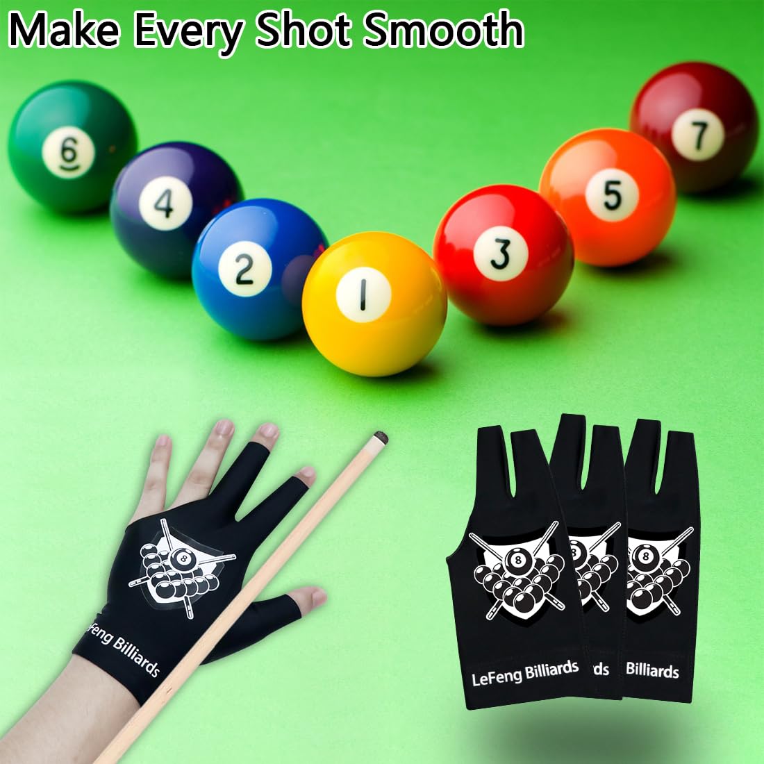 LeFeng Professional Billiard Gloves for Pool & Snooker - 3 Open Finger Design, Left Hand Fit for Men & Women - Perfect for Competitive Play & Practice Sessions