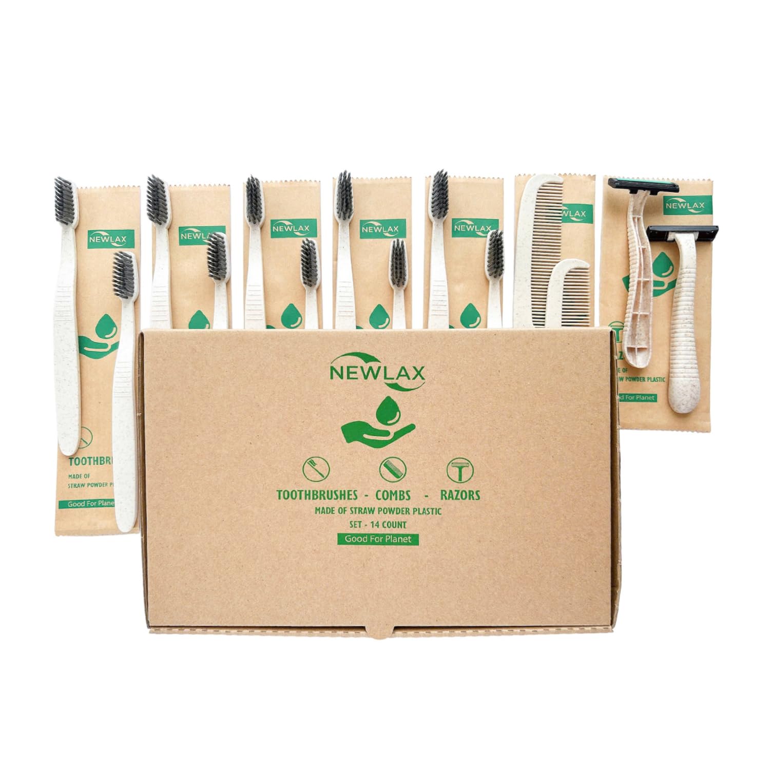 Eco-Friendly Toothbrush, Razor & Comb Set (14-Piece) - Biodegradable Handle, Stainless Steel Razor, BPA-Free Comb, Recyclable Packaging - Perfect for Travel, Home & Sustainable Living