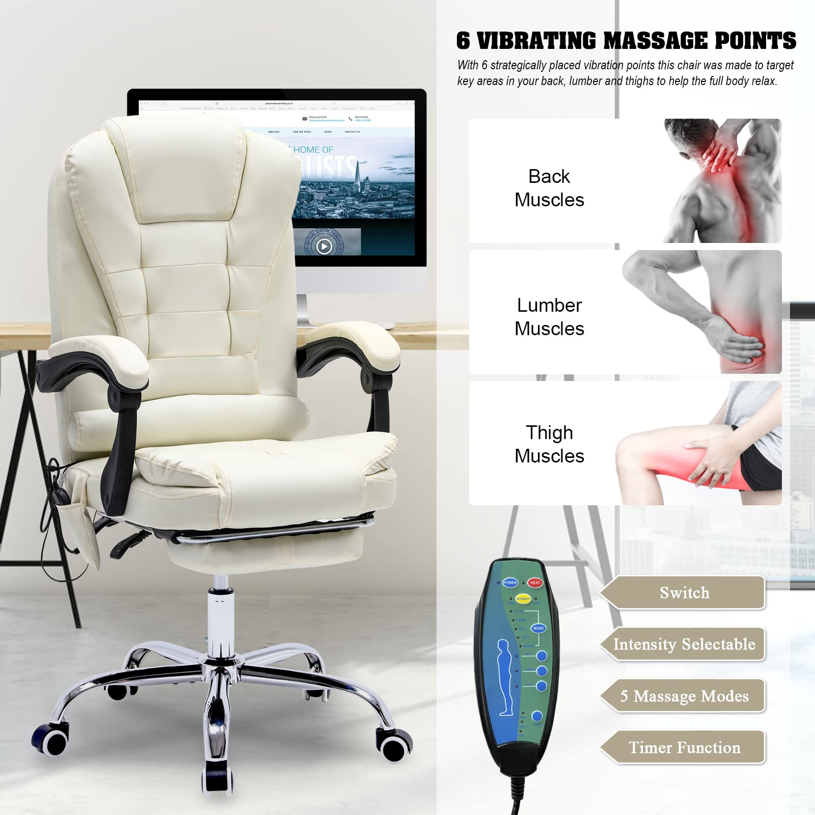 Ergonomic Reclining Office Chair with Massage & Heat - PU Leather Executive Computer Chair with Adjustable Footrest, Padded Armrest & High Back Support - Perfect for Home Office, Gaming & Study (White)