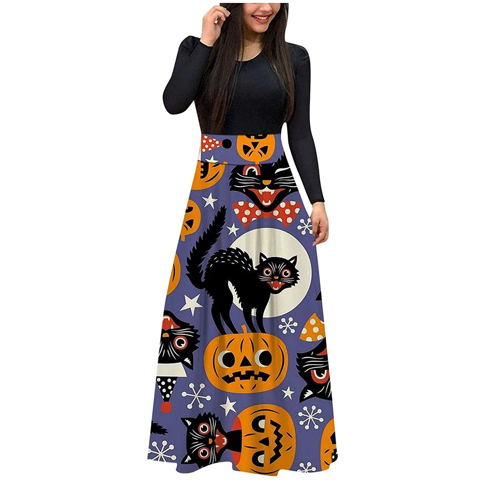 Funny Halloween Print Fall Maxi Dresses for Women 2021 - Long Sleeve Boho Casual Dress for Wedding Guest & Homecoming - Perfect for Autumn Parties, Costume Events & Seasonal Outfits