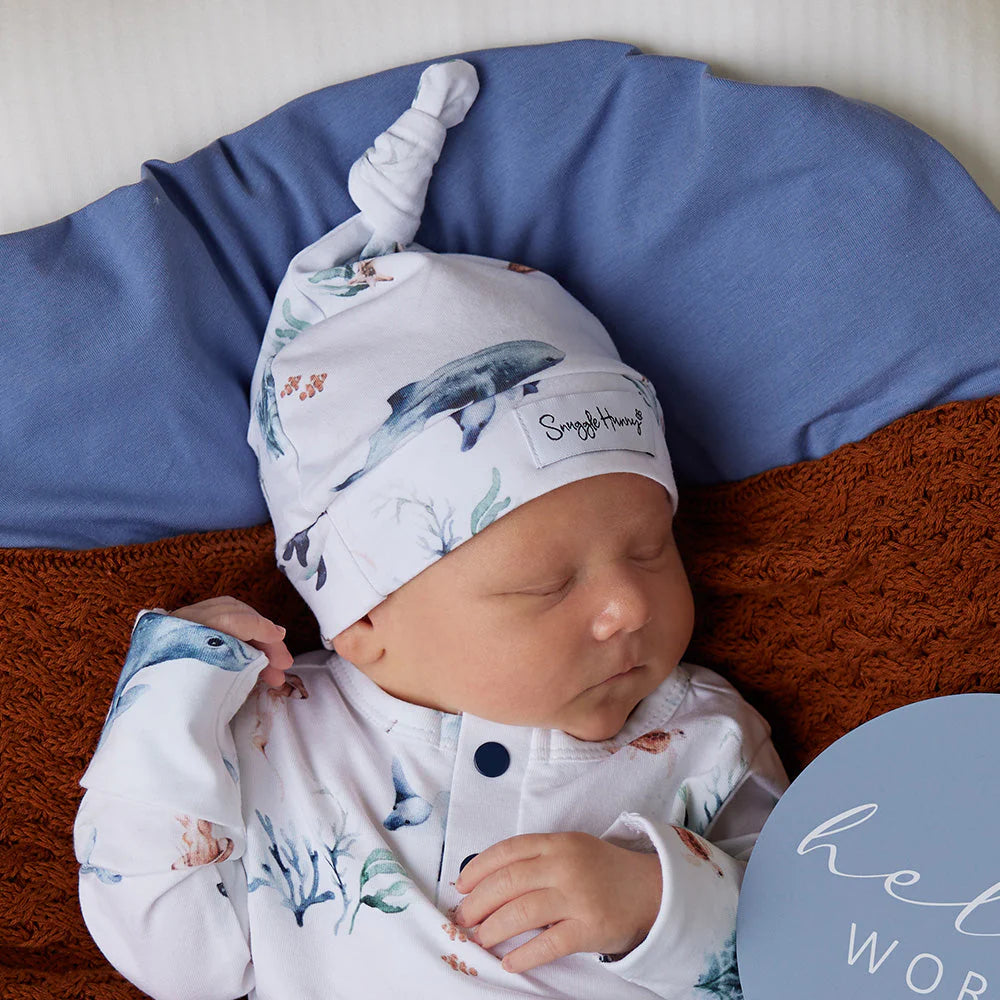 Snuggle Hunny Organic Knotted Beanie for Babies - Soft Cotton Ocean Blue Hat for Newborns & Toddlers - Perfect for Winter Outfits, Photoshoots & Outdoor Adventures