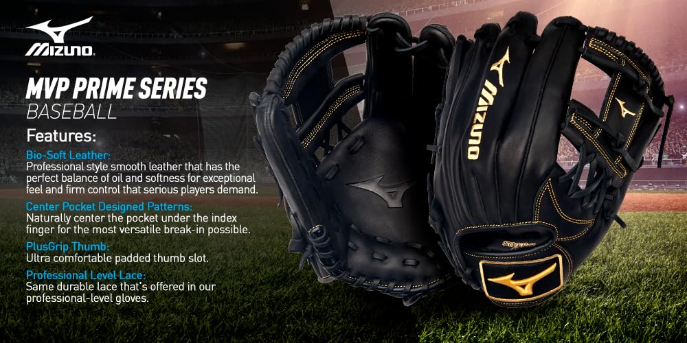 Mizuno MVP Prime Series Baseball Glove - Professional Grade BioSoft Leather, Handcrafted Smooth Leather with Center Pocket Design - Perfect for MLB Training, College Games & Youth Baseball Practice