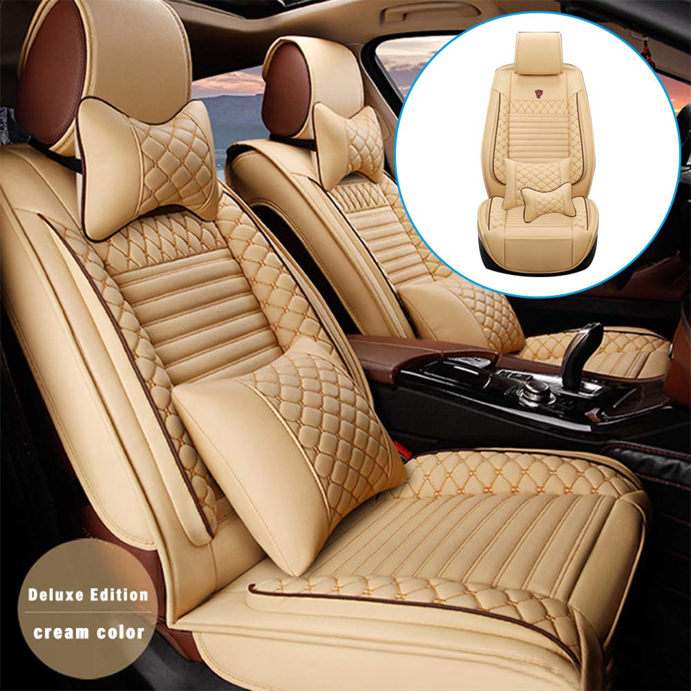 Premium Leatherette Car Seat Covers for Nissan Pathfinder 2005-2019 - 5-Piece All-Weather Non-Slip Auto Seat Protectors (Beige) | Luxury Comfort for Road Trips & Daily Commutes