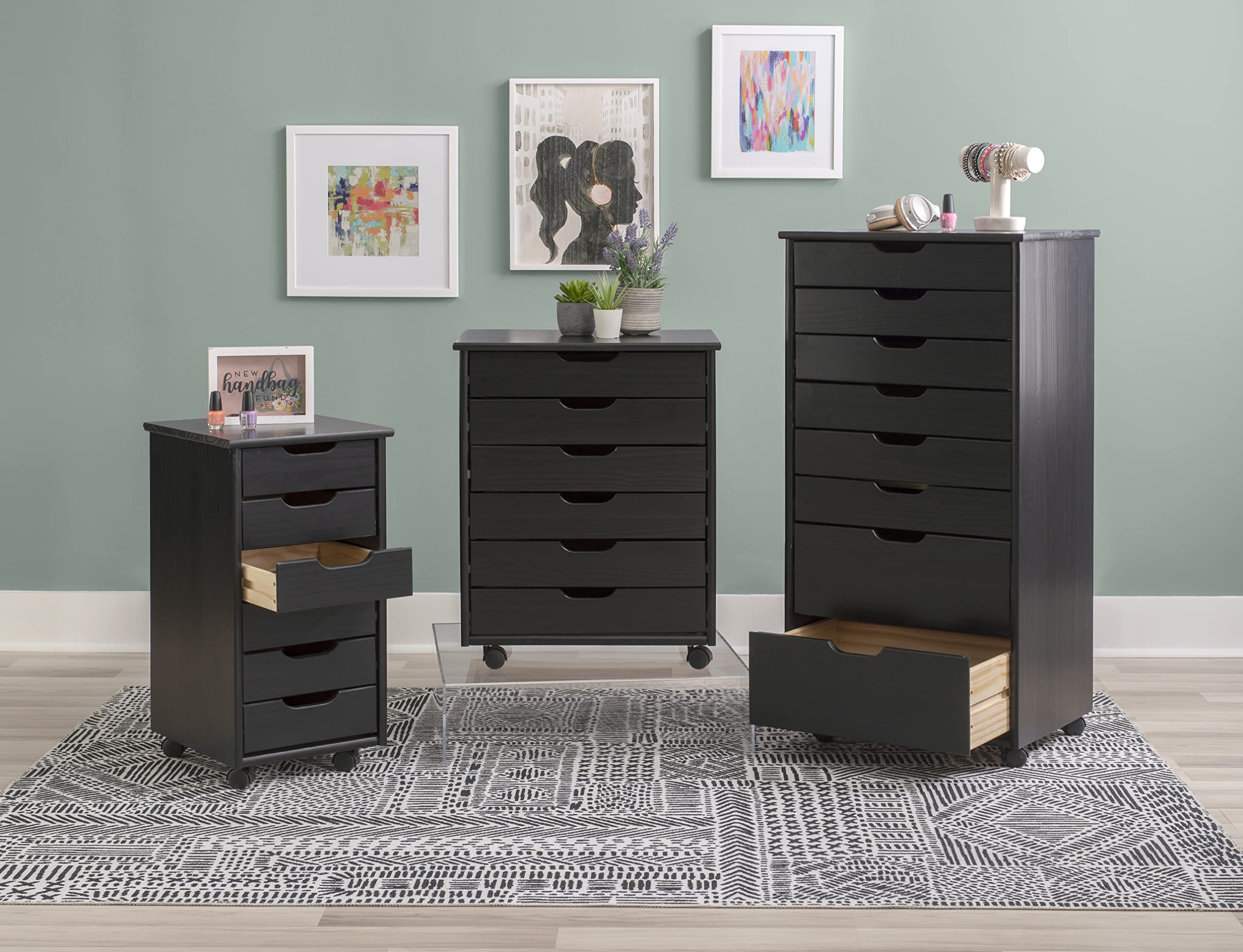 Linon Corinne Black 6-Drawer Wide Rolling Storage Cart - Perfect for Home, Office, and Craft Room Organization