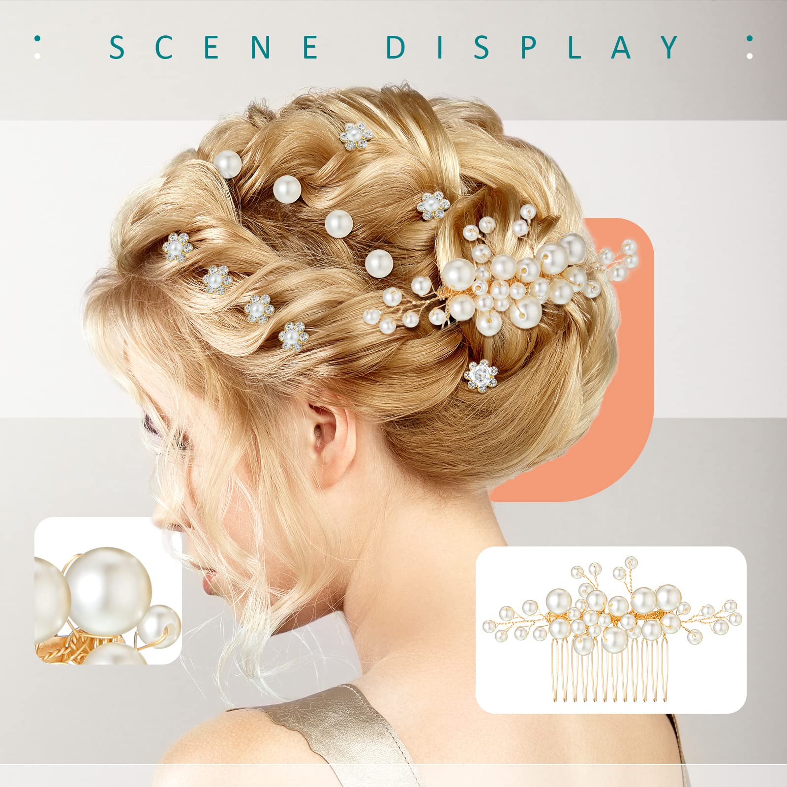 40Pcs Gold & White Floral Hair Clips for Brides - U-Shaped Pearl Crystal Rhinestone Pins, Rose Glitter Headpieces for Women & Girls - Perfect for Weddings, Prom, Parties & Special Occasions