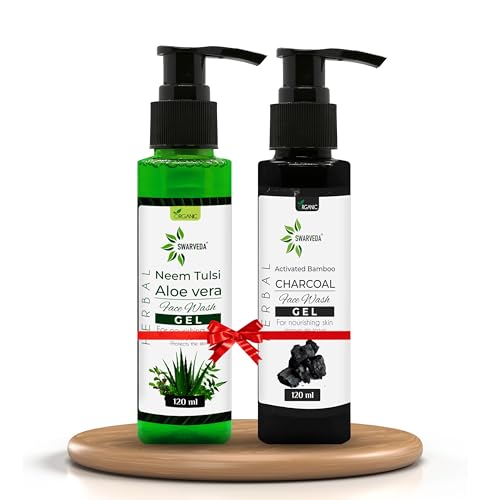 Swarveda Neem Tulsi Aloe Vera & Activated Bamboo Charcoal Face Wash Gel - Nourishing & Hydrating Skin Care for Acne & Oily Skin | 120ml (Pack of 2) | Perfect for Daily Cleansing & Detoxifying Routine