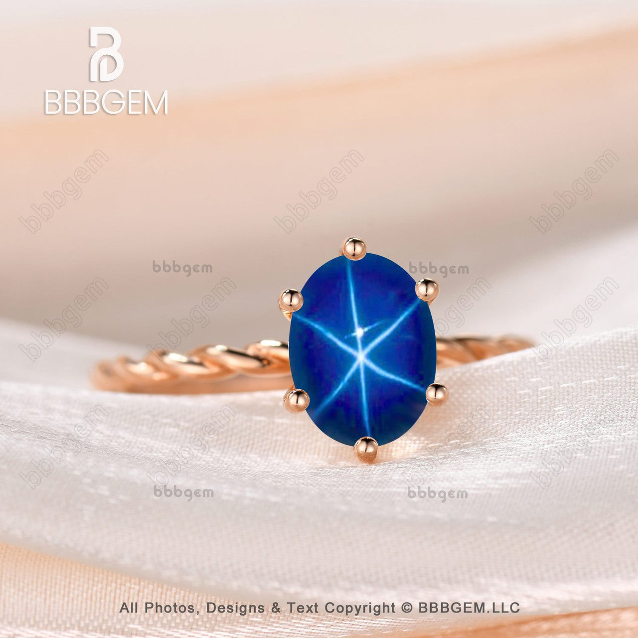 14K Rose Gold 1 Carat Blue Star Sapphire Oval Ring - September Birthstone Solitaire with Twisted Rope Band for Women, Perfect for Anniversary, Engagement & Special Occasion Gifts
