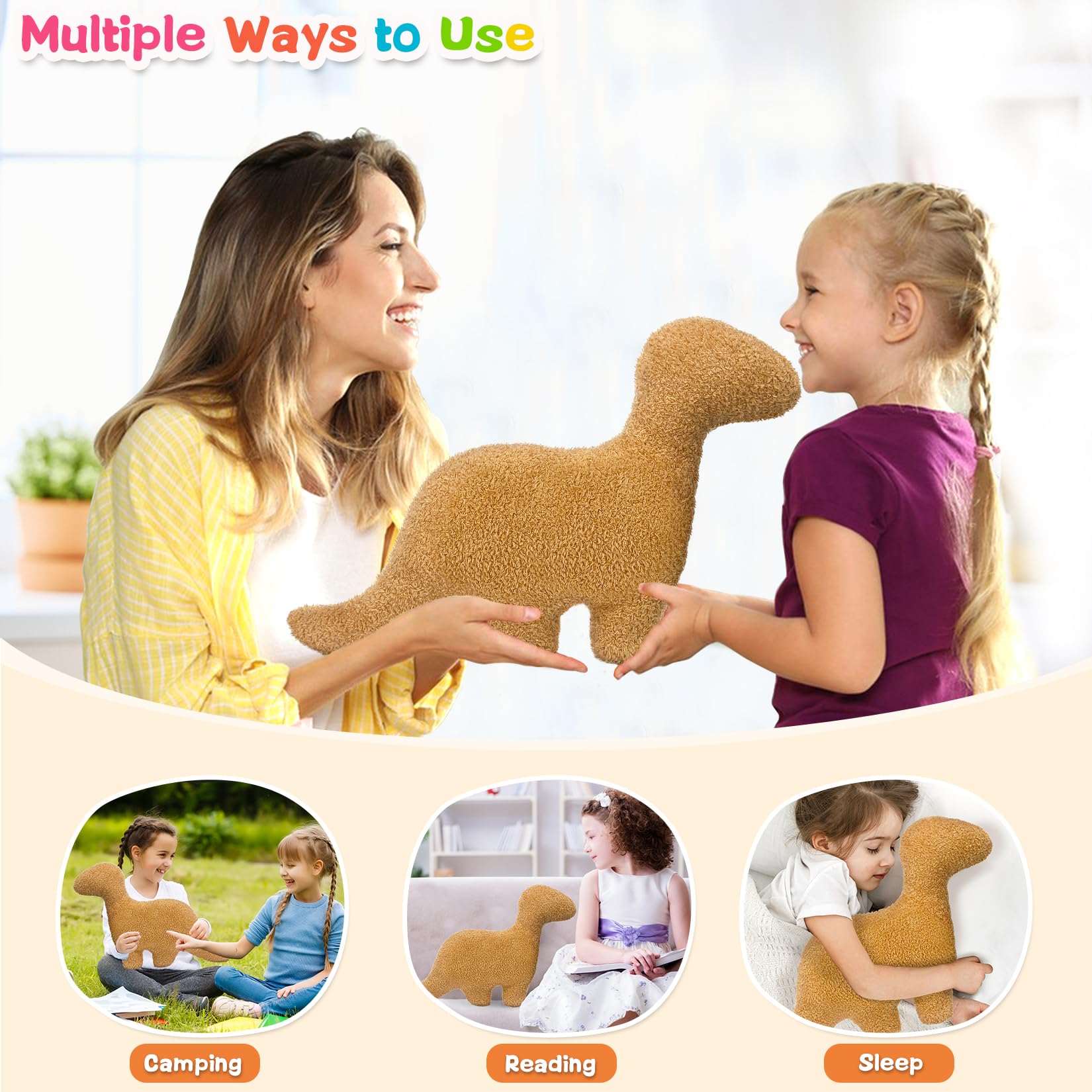 Dino Nuggets Plush Pillow - Brontosaurus Large Dinosaur Chicken Nugget Stuffed Toy for Kids, Teens & Adults | Funny Birthday Gift Idea for Dino Lovers | Perfect for Bedroom Decor, Couch Cuddling & Playtime