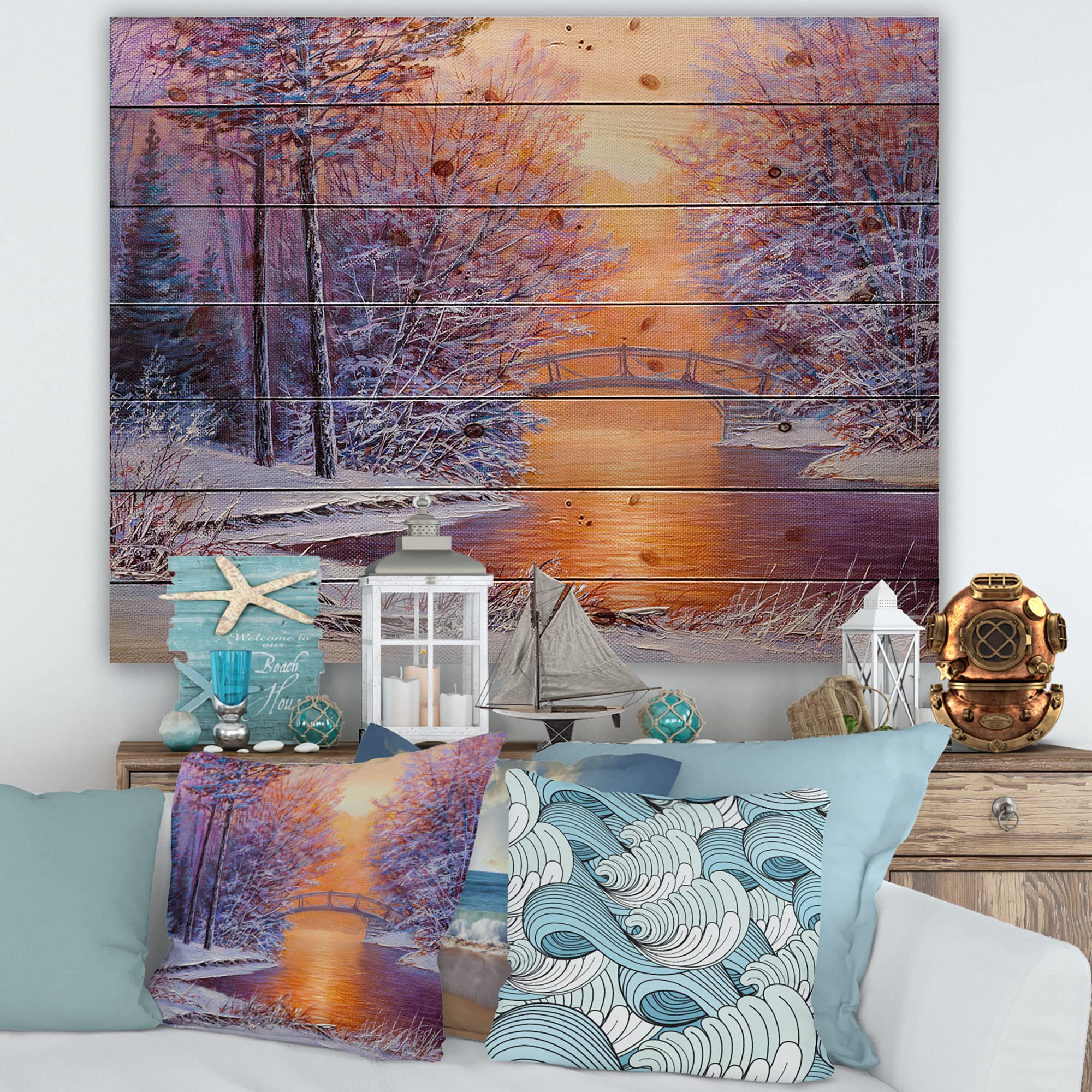 DesignQ Winter River Bridge Landscape Wood Wall Art - Traditional White Wooden Wall Decor, Large Pine Wood Panel Print for Living Room, Bedroom & Office