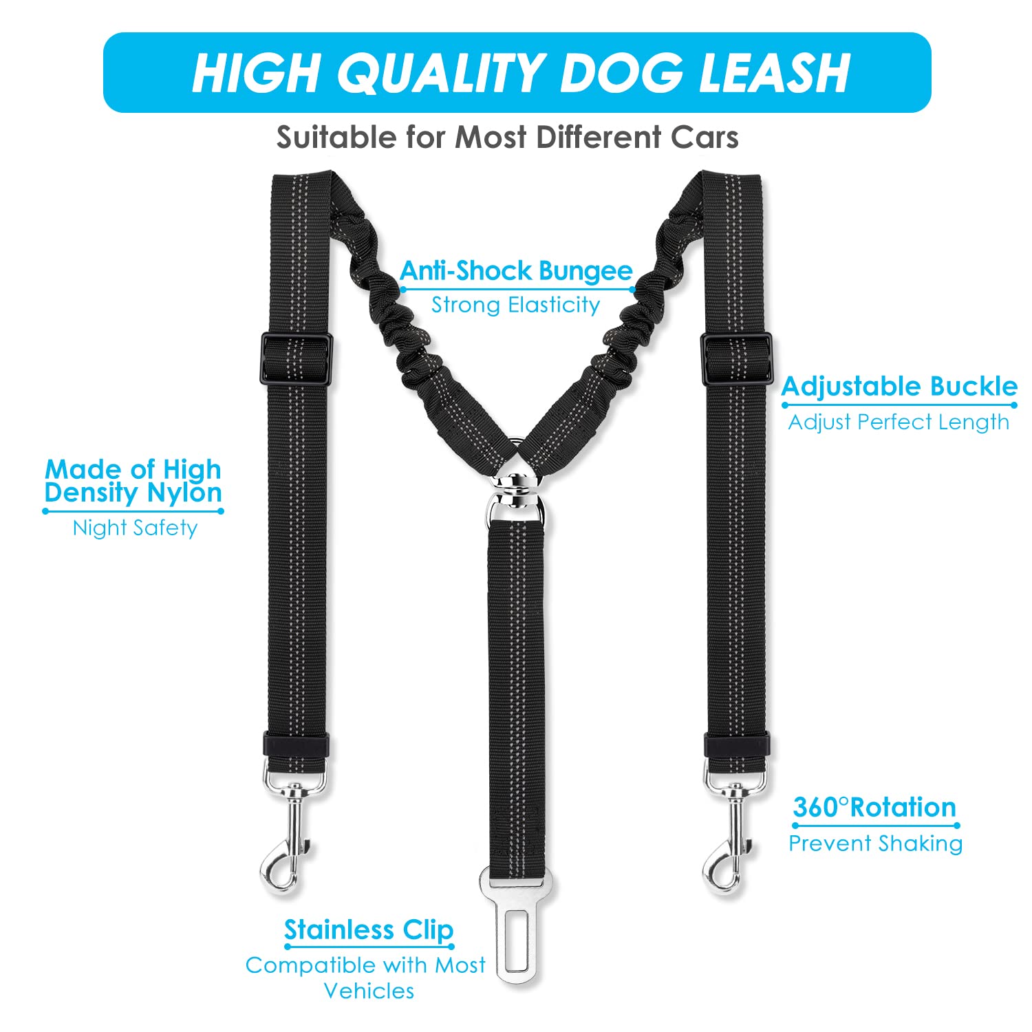 SlowTon Adjustable Double Dog Seat Belt - Y-Shape No Tangle Pet Car Harness with Elastic Bungee & Reflective Safety Leash for Vehicle Travel (Black, Small) - Perfect for Road Trips with Two Dogs