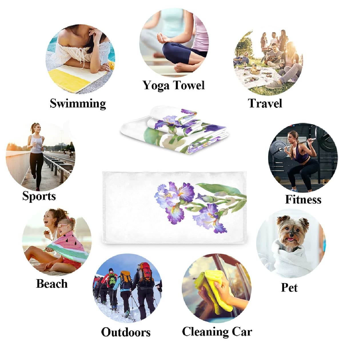 3-Piece Watercolor Iris Floral Bath Towel Set - 1 Bath Towel, 1 Hand Towel, 1 Washcloth | Soft, Absorbent & Quick-Drying Cotton Towels for Bathroom, Spa, Pool & Beach Use