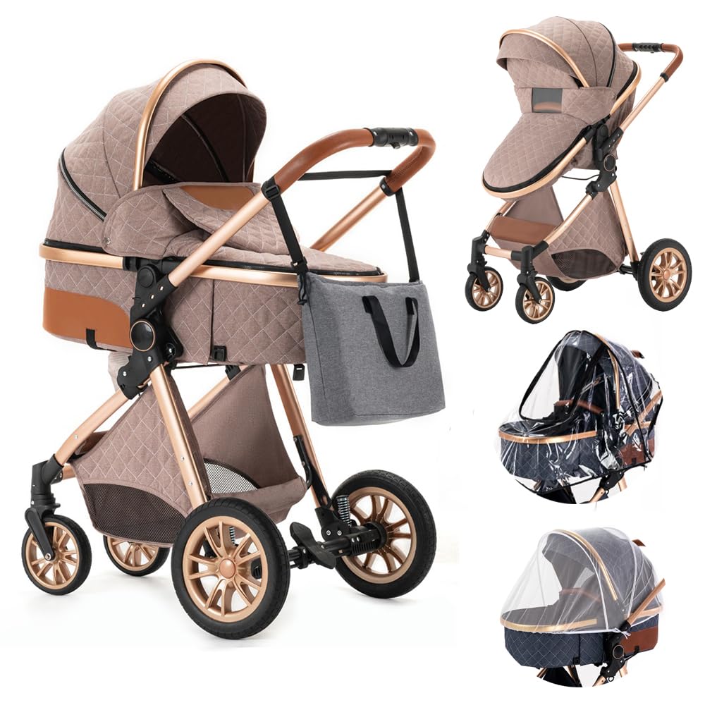 2 in 1 Reversible Baby Stroller - Quick Fold Lightweight Travel Stroller for Newborn to Toddler (Khaki) | Perfect for Shopping, Travel & Outdoor Walks