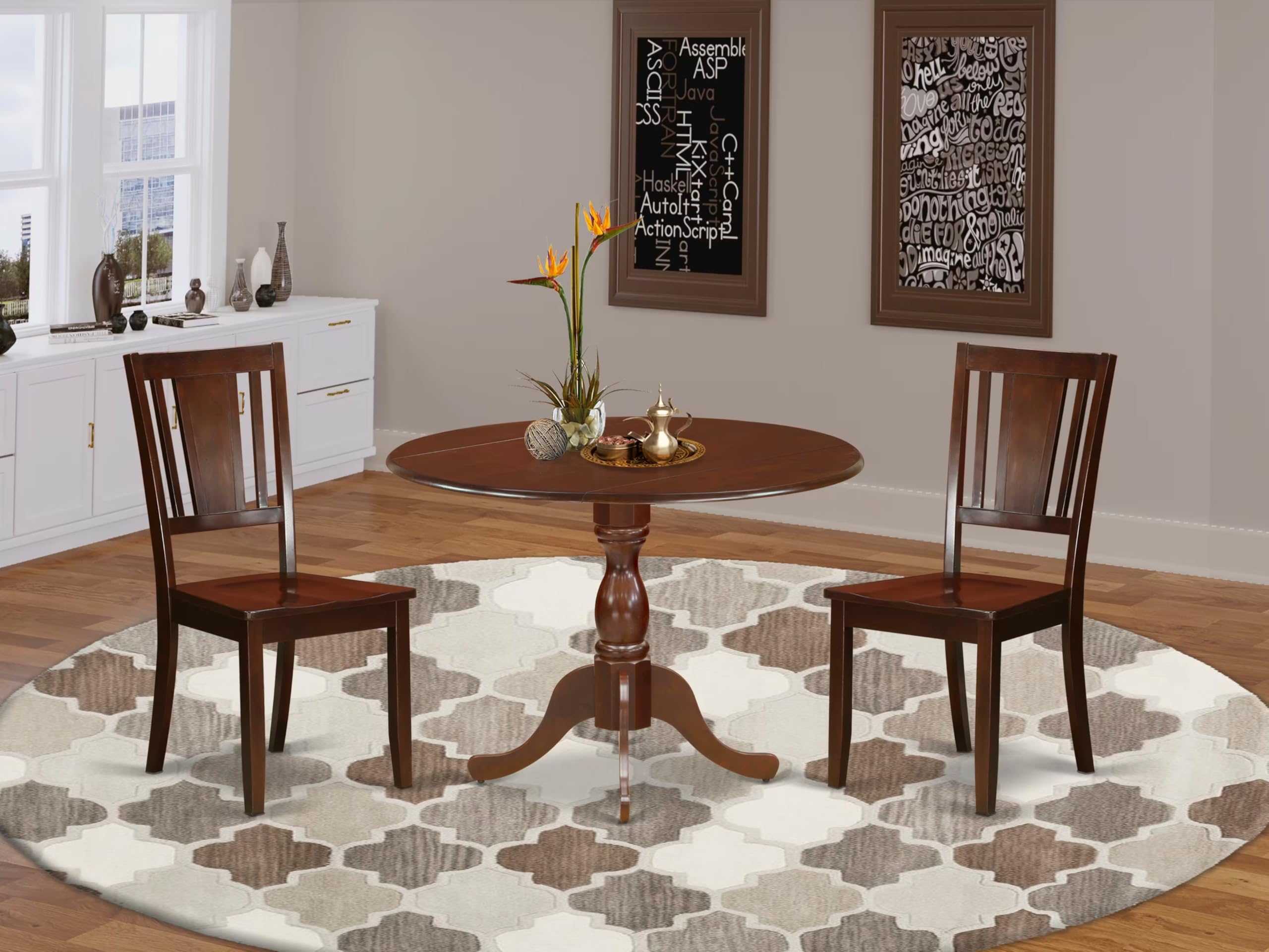 East West Furniture DMDU3-MAH-W 3 Piece Round Dining Table Set with Drop Leaf & 2 Wooden Chairs, 42x42 Inch, Mahogany Finish - Perfect for Small Spaces, Breakfast Nooks & Cozy Dining Areas