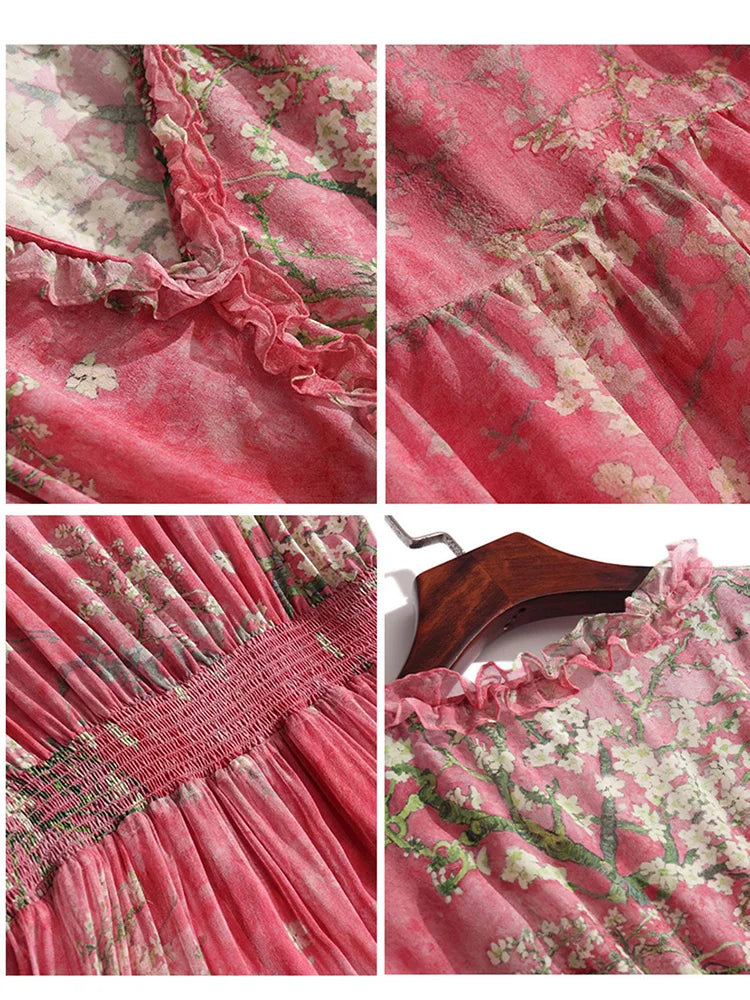 EVNISI Women's Boho Chiffon Summer Dress - V-Neck Floral Print A-Line Red Elegant Office Dress for Women | Perfect for Parties, Weddings & Summer Outings