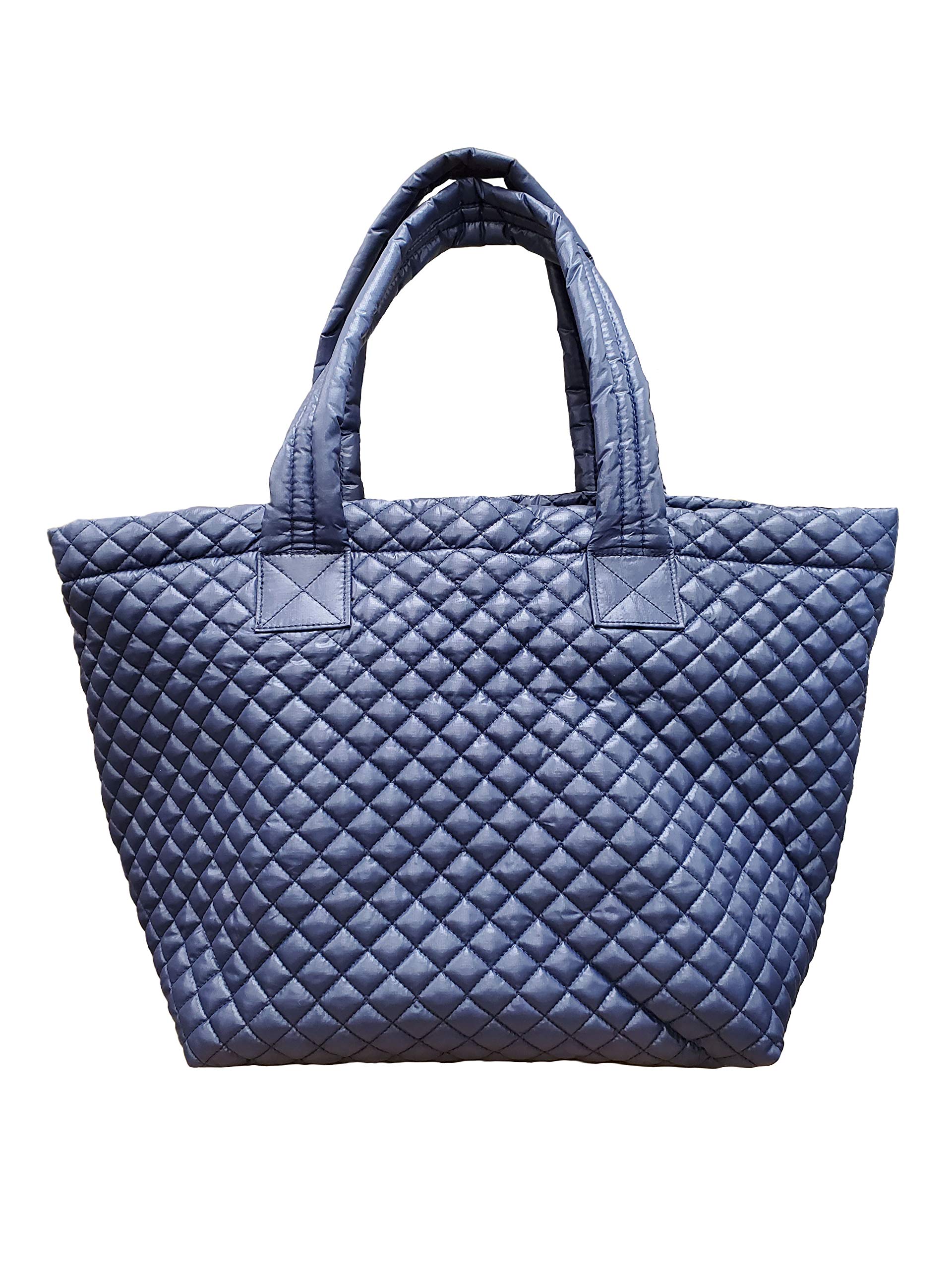 Stylish Large Quilted Tote Bag with Detachable Pouch - Water Repellent Navy Blue - Perfect for Work, Travel & Shopping