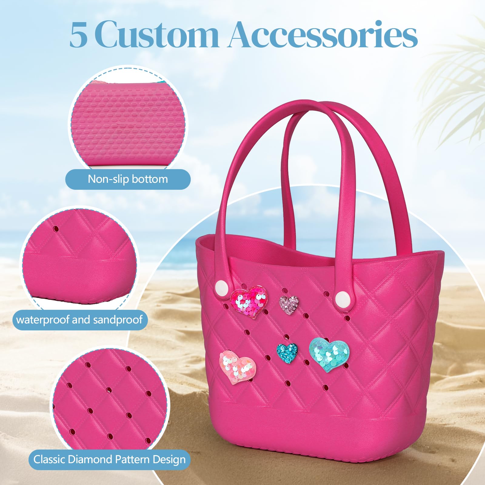 Cute Small Rubber Tote Bag with 5 Charms - Waterproof Beach Tote for Women | Perfect for Pool, Beach & Shopping Trips
