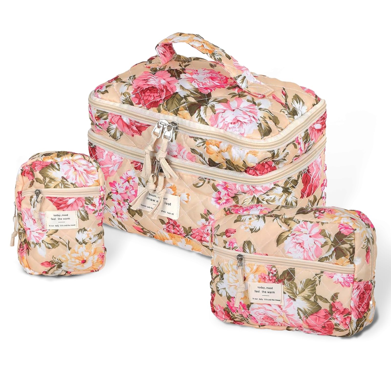 LAKSMI Upgraded 2-Layer Women's Makeup Bag Set - 3 Pack Quilted Floral Cosmetic Organizer, Large Cotton Travel Toiletry Bag for Makeup Storage & Travel Essentials | Perfect for Home, Office & Vacation