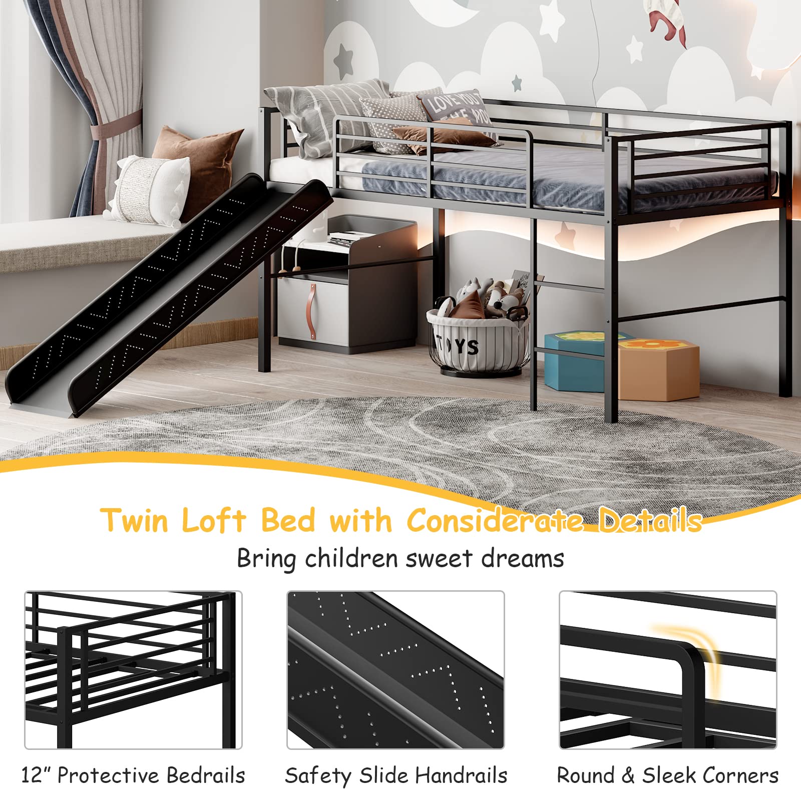 Giantex Twin Loft Bed with Slide - Sturdy Metal Low Bunk Bed for Kids with Safety Guardrails & Built-in Ladder - Toddler Bed Floor Frame for Boys & Girls - No Box Spring Needed - Perfect for Small Bedrooms & Shared Kids' Rooms (Black)