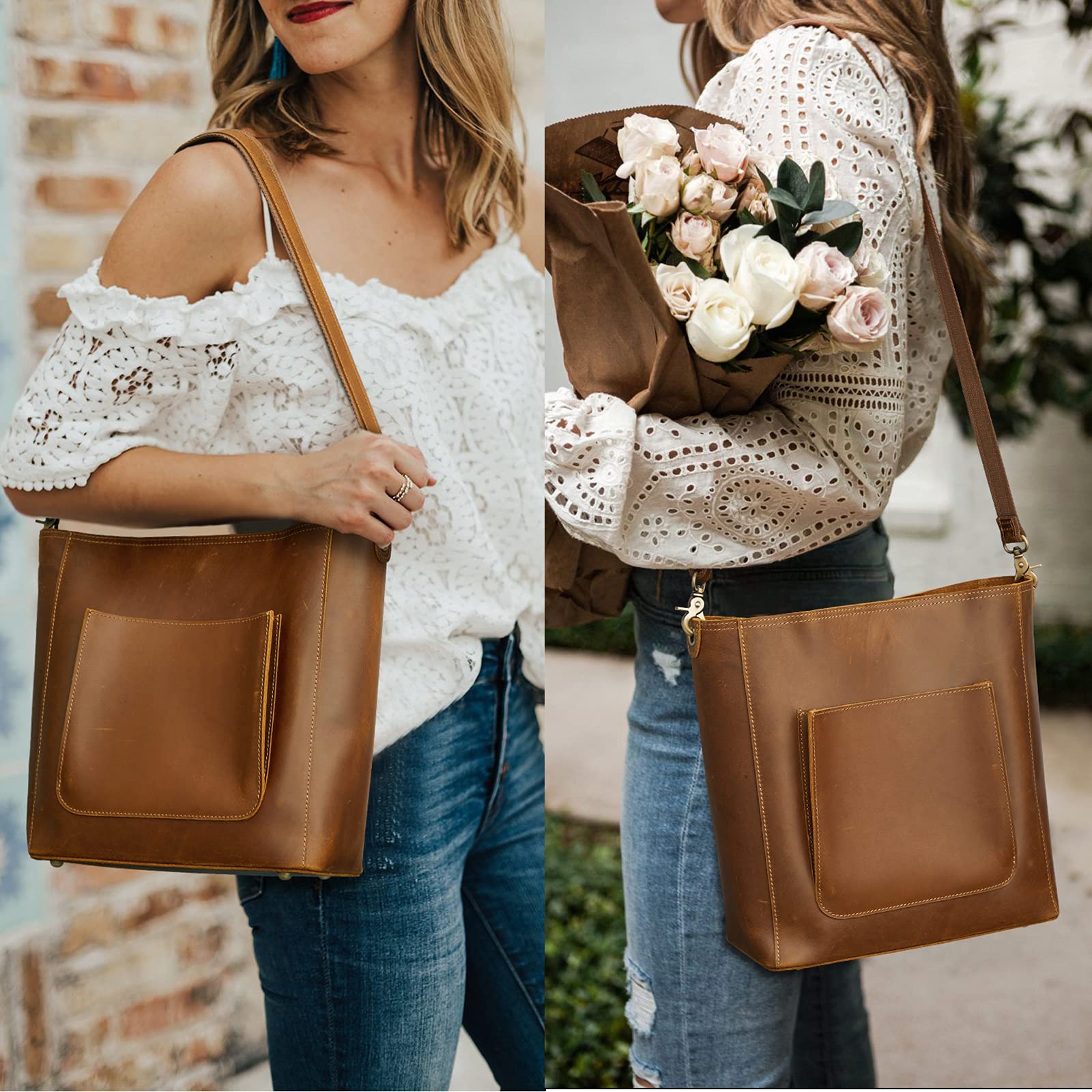 S-ZONE Women's Genuine Leather Tote Bag Set with Distressed Shoulder Bucket Purse - Stylish Handbag Bundle for Work, Travel & Everyday Use