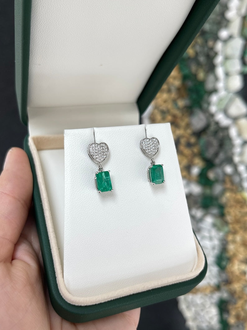 3.20tcw 14K Gold Natural Rich Medium Green Emerald & Diamond Heart Cluster Dangle Earrings for Women - Elegant Wedding, Party & Evening Wear Jewelry Gift