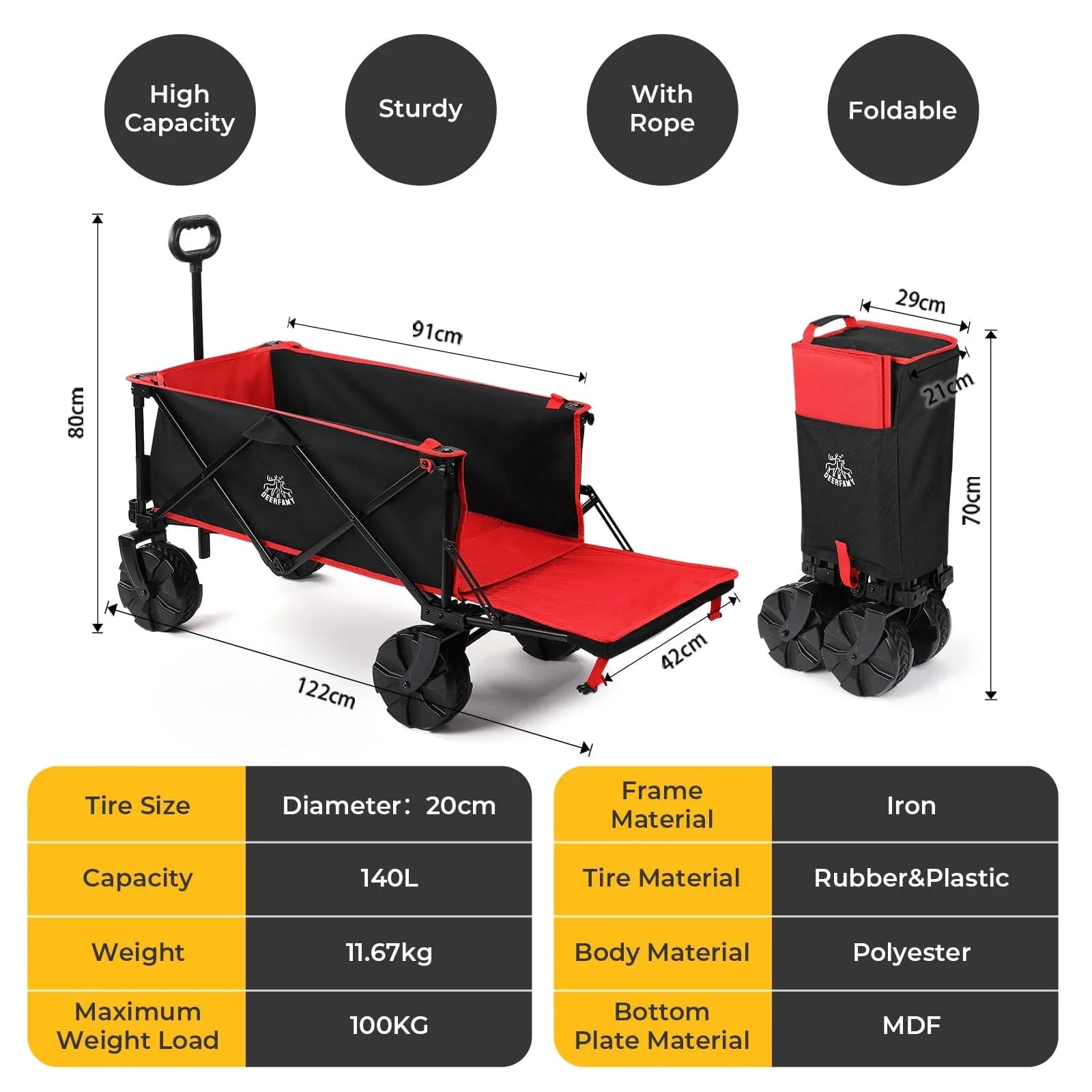 BougeRV 140L Large Capacity Foldable Wagon Cart for Outdoor Camping, Beach, Picnic, Grocery Shopping & Tailgating - Heavy Duty Utility Cart with All-Terrain Wheels (DeerFamy)