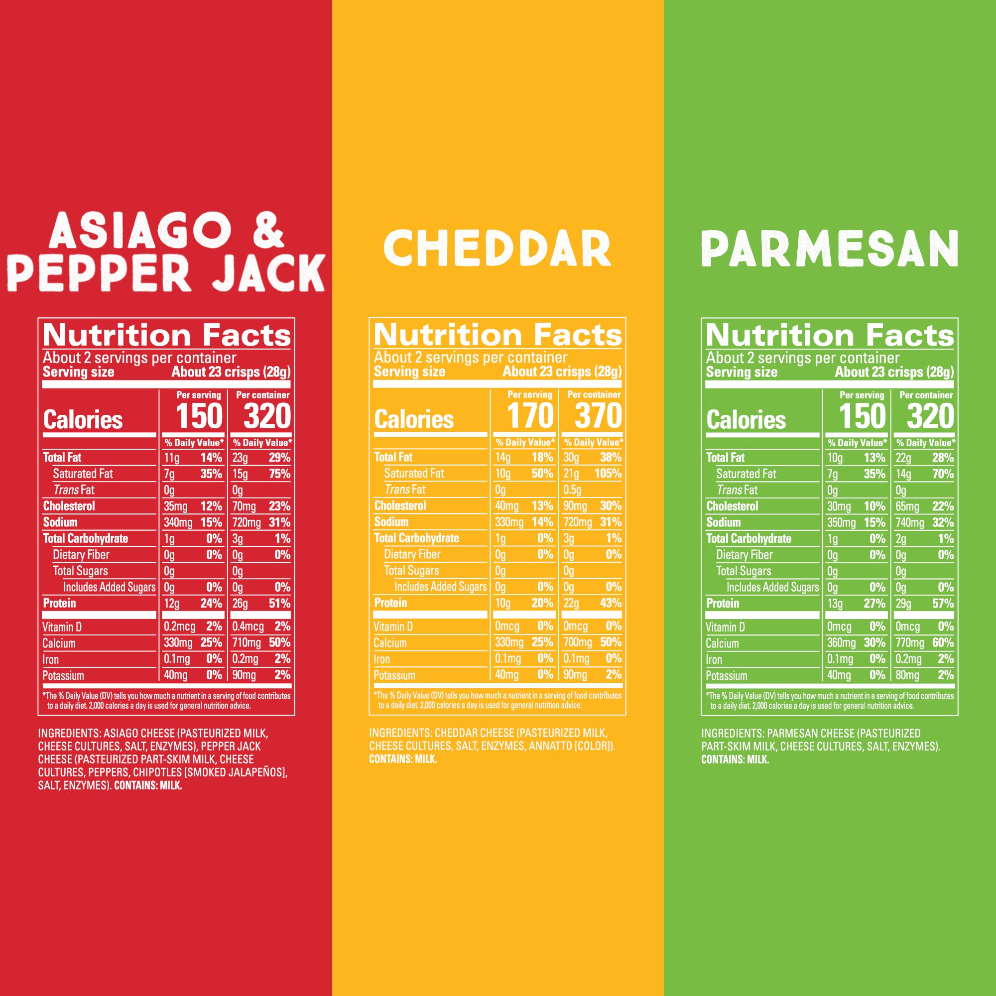 Whisps Cheese Crisps Variety Pack - High Protein, Low Carb, Keto, Gluten Free Snacks | Parmesan, Asiago & Cheddar Flavored Protein Chips (3 Pack, 2.12 Oz Each) | Perfect for Keto Diet, Weight Loss & Healthy On-the-Go Snacking