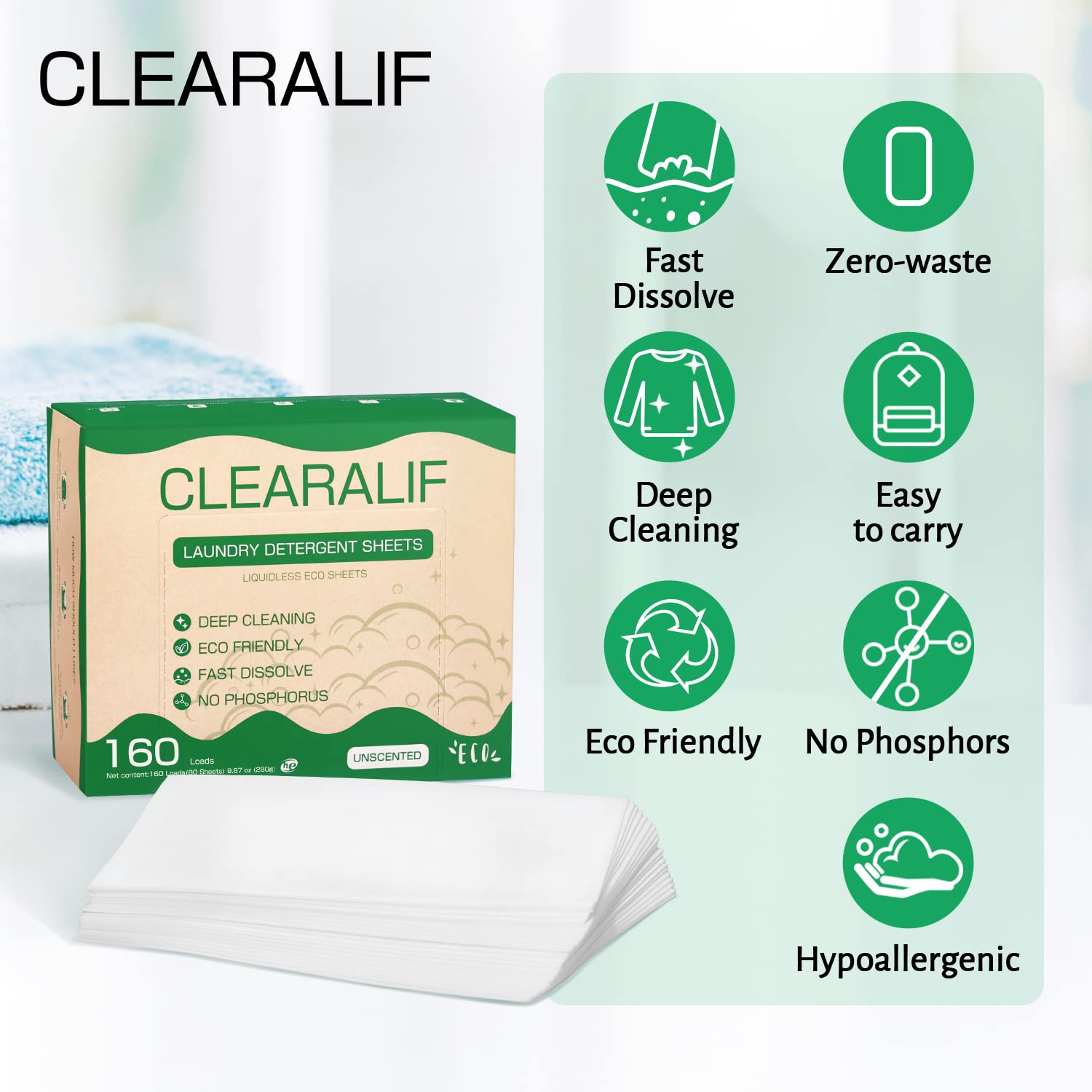 Eco-Friendly CLEARALIF Laundry Detergent Sheets - 80 Sheets (160 Loads), Unscented & Hypoallergenic, Biodegradable Laundry Strips for Sensitive Skin - Perfect for Travel, Camping & Everyday Use