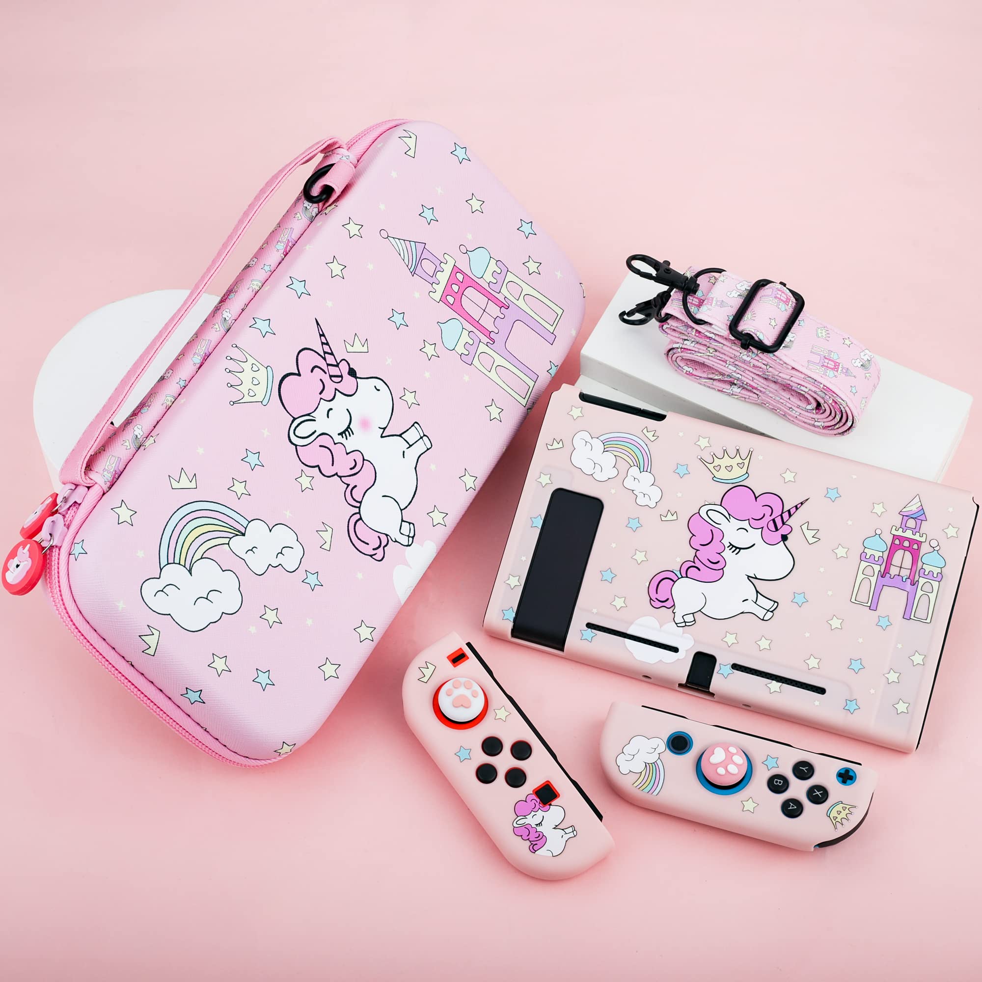 Unicorn Nintendo Switch Carrying Case for Girls - Pink Rainbow Travel Case with Soft TPU Protective Cover, HD Screen Protector, Thumb Grips & Shoulder Strap - Perfect for Gaming On-The-Go & Travel Accessories Storage