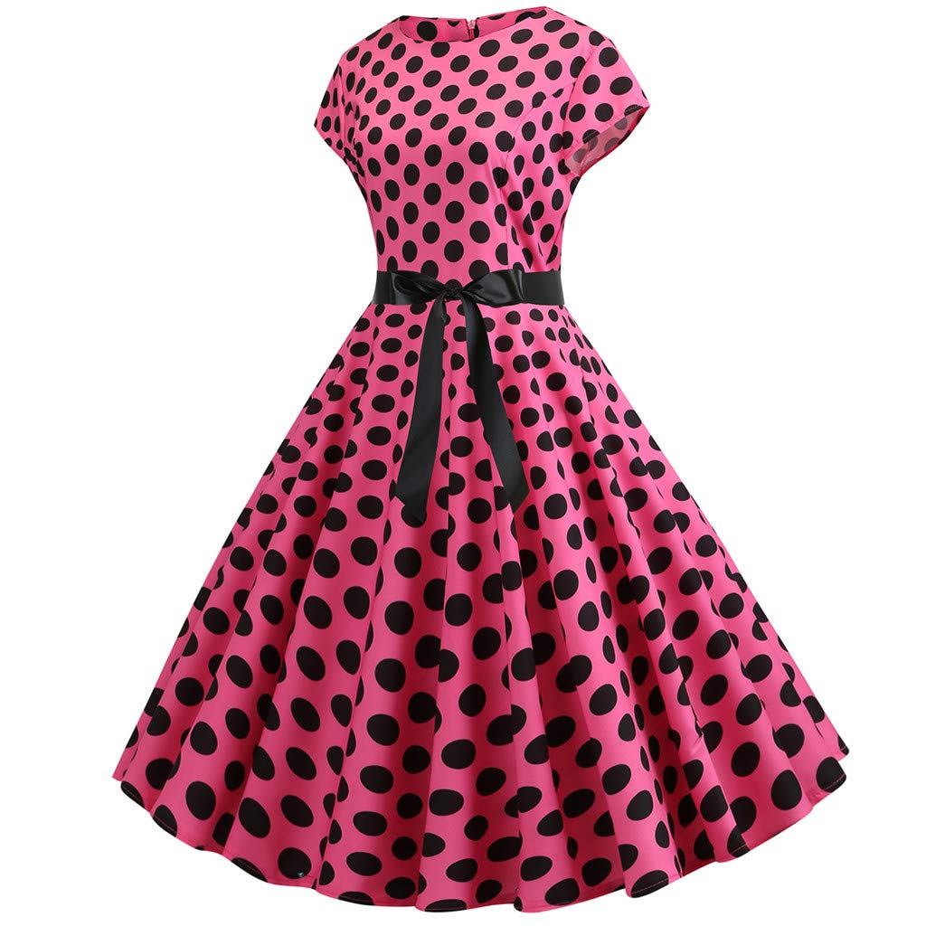 Vintage 1950s Women's Swing Dress - Retro Rockabilly A-Line Midi Dress with Cap Sleeves & Polka Dot Print | Perfect for Cocktail Parties, Tea Parties & Garden Events (Hot Pink)