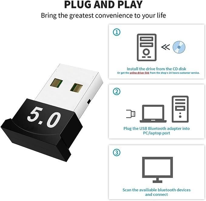 USB Car Bluetooth 5.0 Adapter - Wireless Mini Dongle Transmitter for PC, Laptop, Headset, Speaker, Keyboard, Mouse & Printer - Plug & Play with Windows 10/11 Support - Perfect for Hands-Free Calling & Wireless Audio in Car or Office