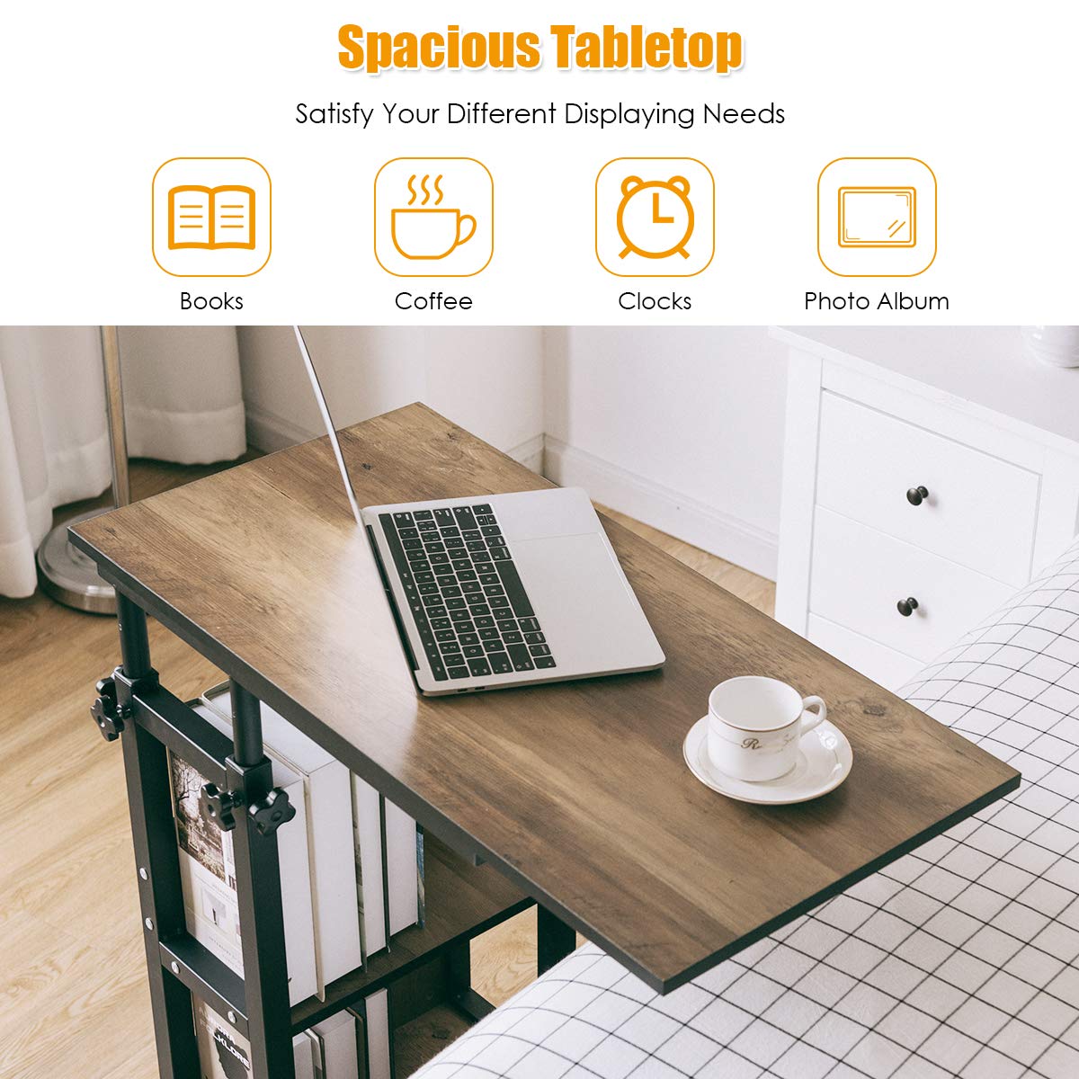 Tangkula Rolling Height Adjustable C-Shaped End Table - Mobile Sofa Side Table with Storage Shelves, Wood Look Accent Furniture for Living Room, Bedroom - Perfect for Coffee, Laptop, Tablet & Snacks While Relaxing on Couch or Bed
