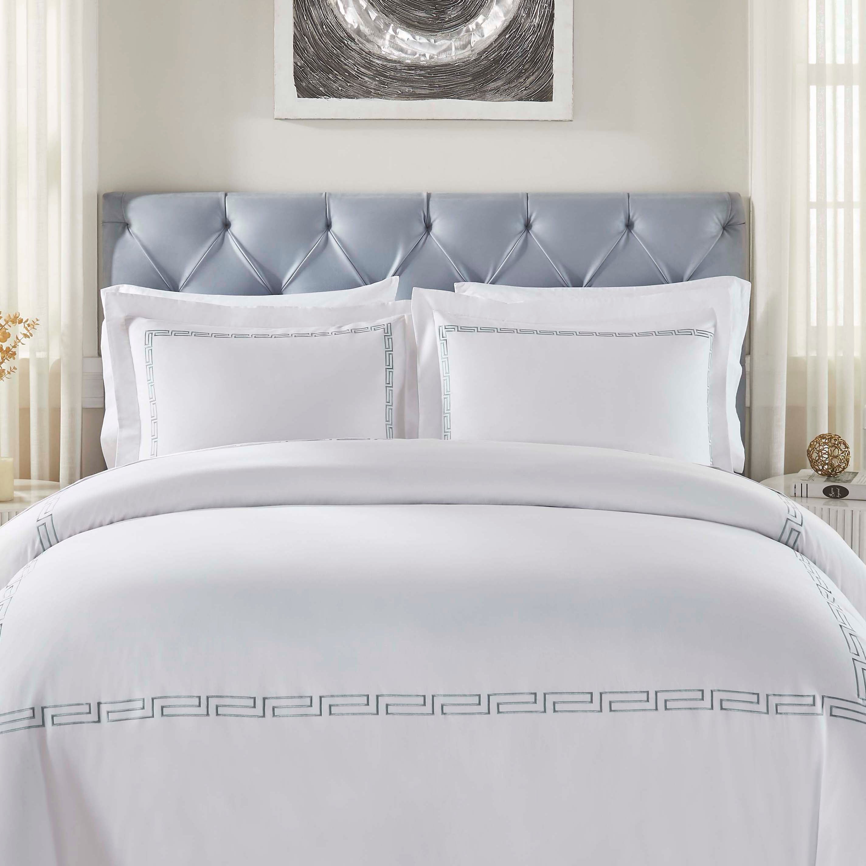 Harrison Cotton Greek Key Embroidered 3-Piece Duvet Cover Set - Queen Size, Luxury Bedding Set for Master Bedroom & Guest Room Decor