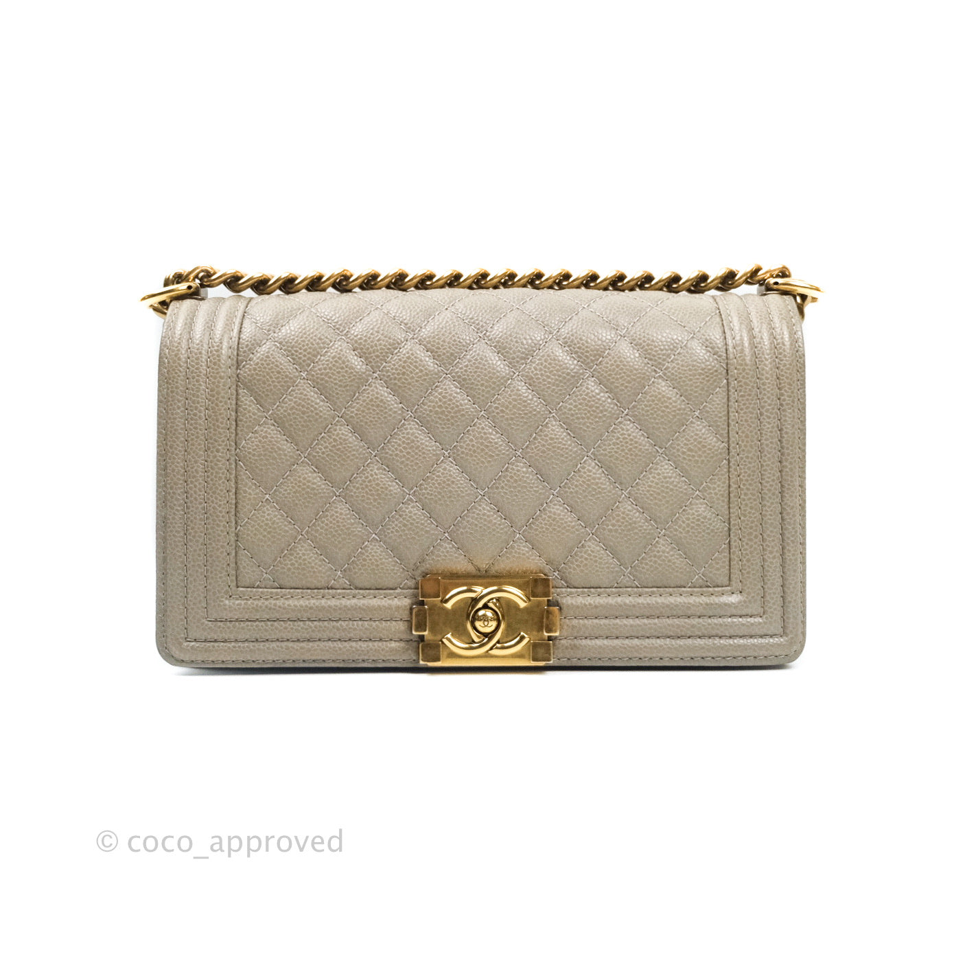 Chanel Boy Quilted Medium Handbag in Taupe Grey Caviar Leather with Gold Hardware - Perfect for Work, Evening Events & Luxury Fashion Accessories