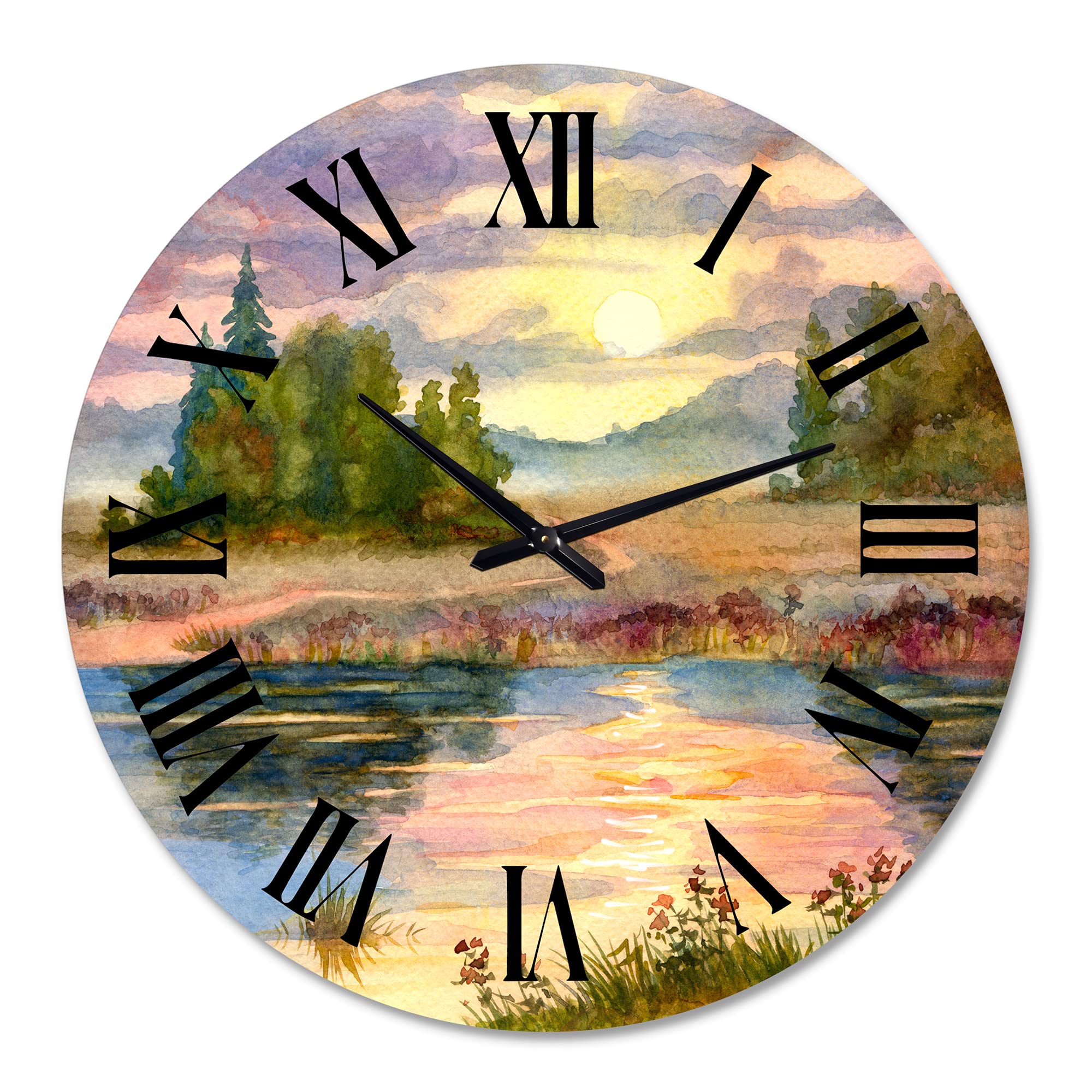 DesignQ Traditional Wall Clock 'Sunset Over The Lake I' - Large Landscape Nature Wall Clock for Home, Office & Living Room Decor - Perfect for Farmhouse, Bedroom & Kitchen Wall Art