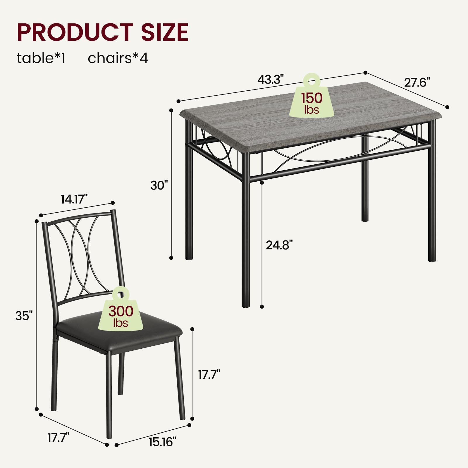 **4-Piece Rustic Grey Dining Table Set with Upholstered Chairs - Perfect for Small Spaces, Apartments & Breakfast Nooks | Kitchen & Dining Room Furniture**