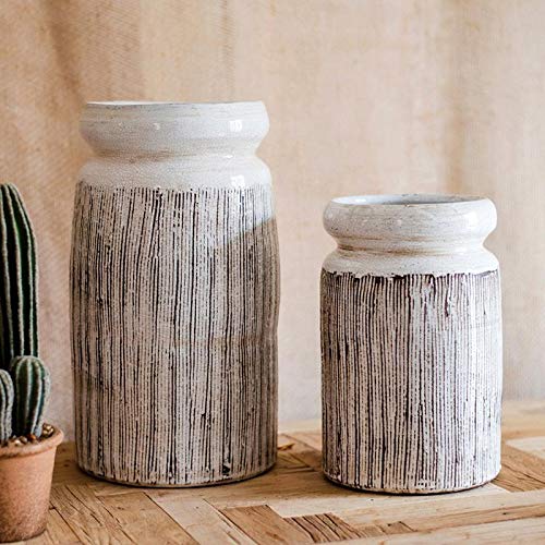 RusticReach Glazed Ceramic Abstract Brown Stripe White Vase - Handmade Home Decor for Living Room, Dining Table & Wedding Centerpiece
