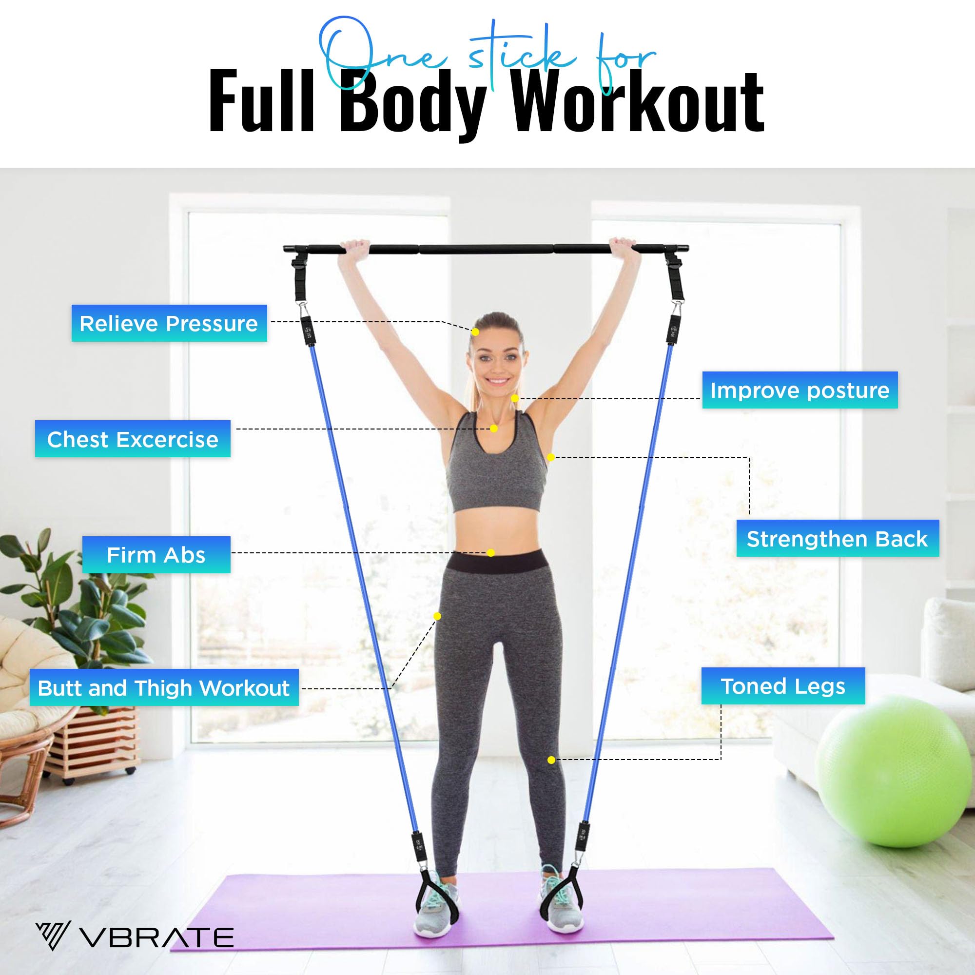 Pilates Bar Kit with 6 Resistance Bands - Heavy Duty Adjustable Yoga Bar for Women & Men, Full Body Workout Equipment for Home Gym, Perfect for Strength Training, Toning & Stretching - Ideal for Home, Office & Travel Fitness