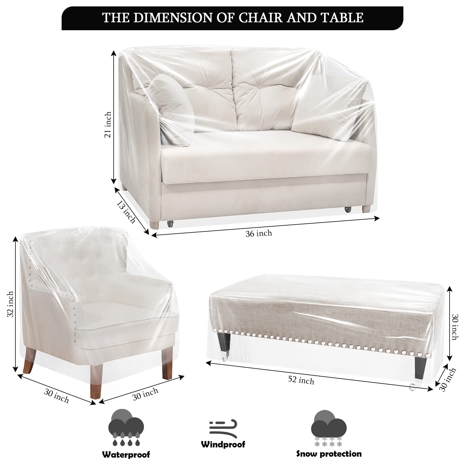 Hoolerry 4-Pack Clear Heavy Duty Waterproof Outdoor Furniture Covers for Sofa & Table - 32x30x30, 52x30x30, 36x21x13 Inch - Durable Plastic Patio Set Protector for Rain, Snow & UV Protection - Perfect for Garden, Deck & Backyard Furniture