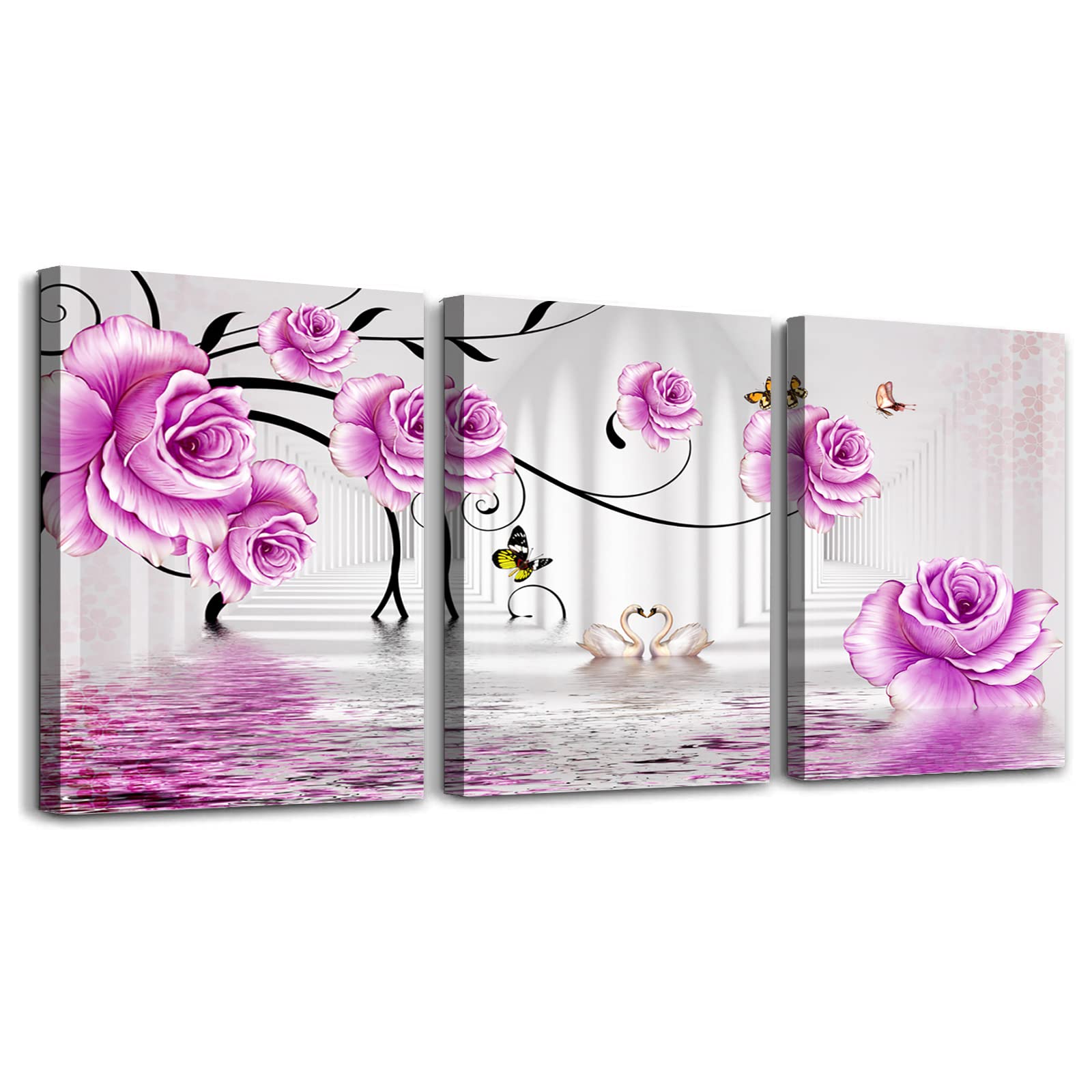 Abstract Flower Canvas Wall Art - 3 Panels Framed for Living Room & Kitchen Decor