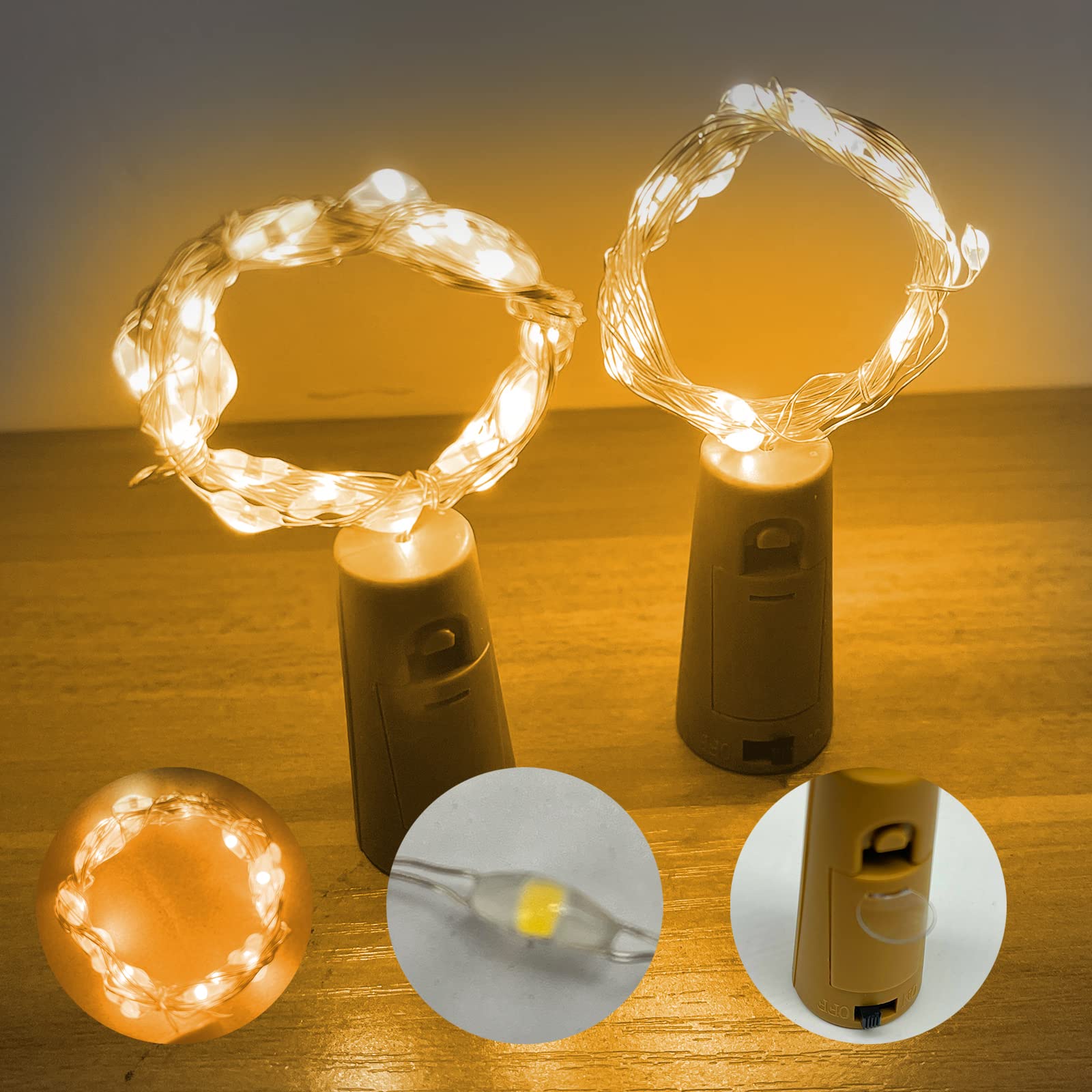 Jsdoin 2M 20 LED Cork Bottle Lights - 3 Pack Warm White Fairy String Lights Battery Operated for Wine Bottles, DIY Table Centerpieces - Perfect for Christmas Parties, Weddings, Home & Outdoor Decorations