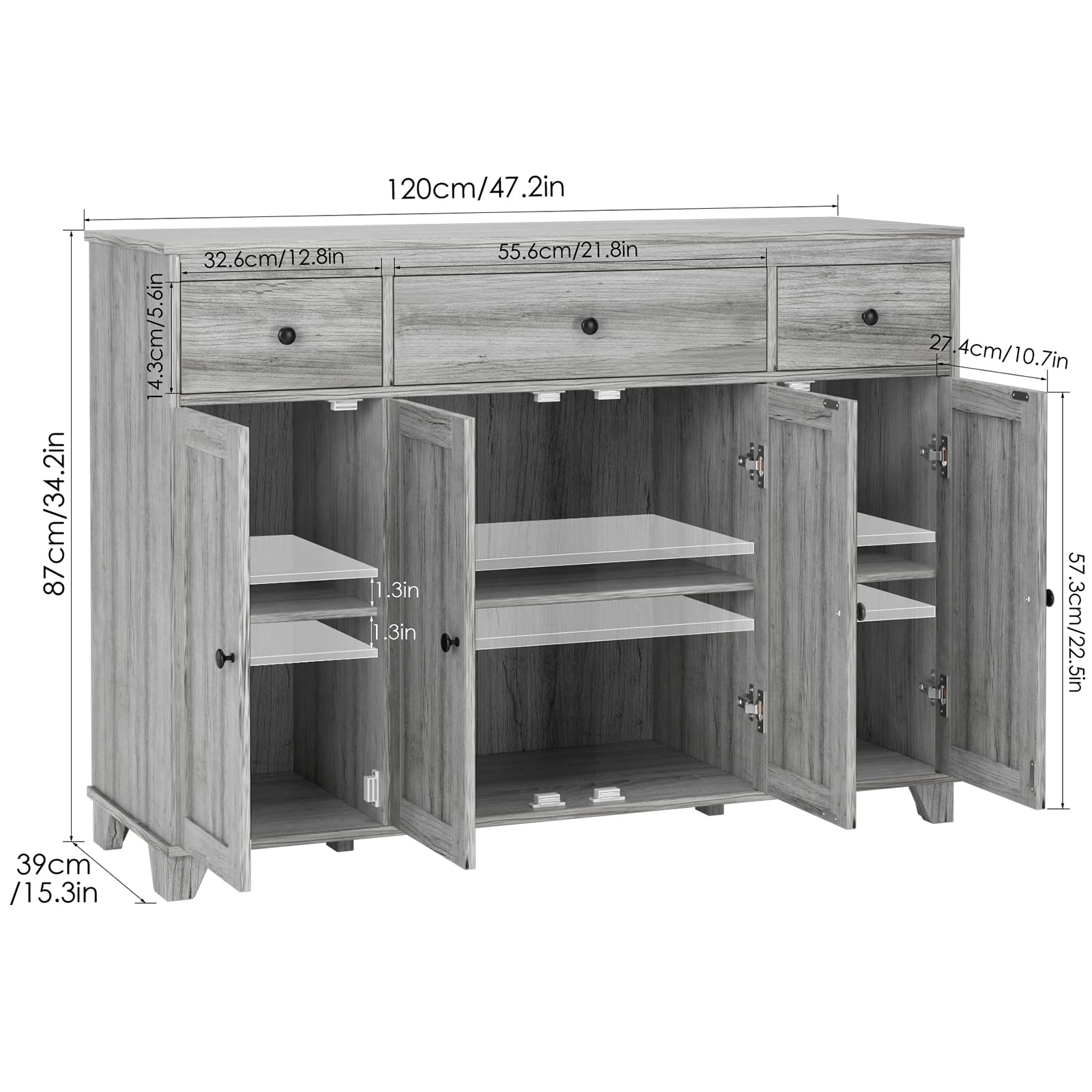 Rustic Farmhouse Buffet Cabinet with 3 Drawers & 4 Doors - 47