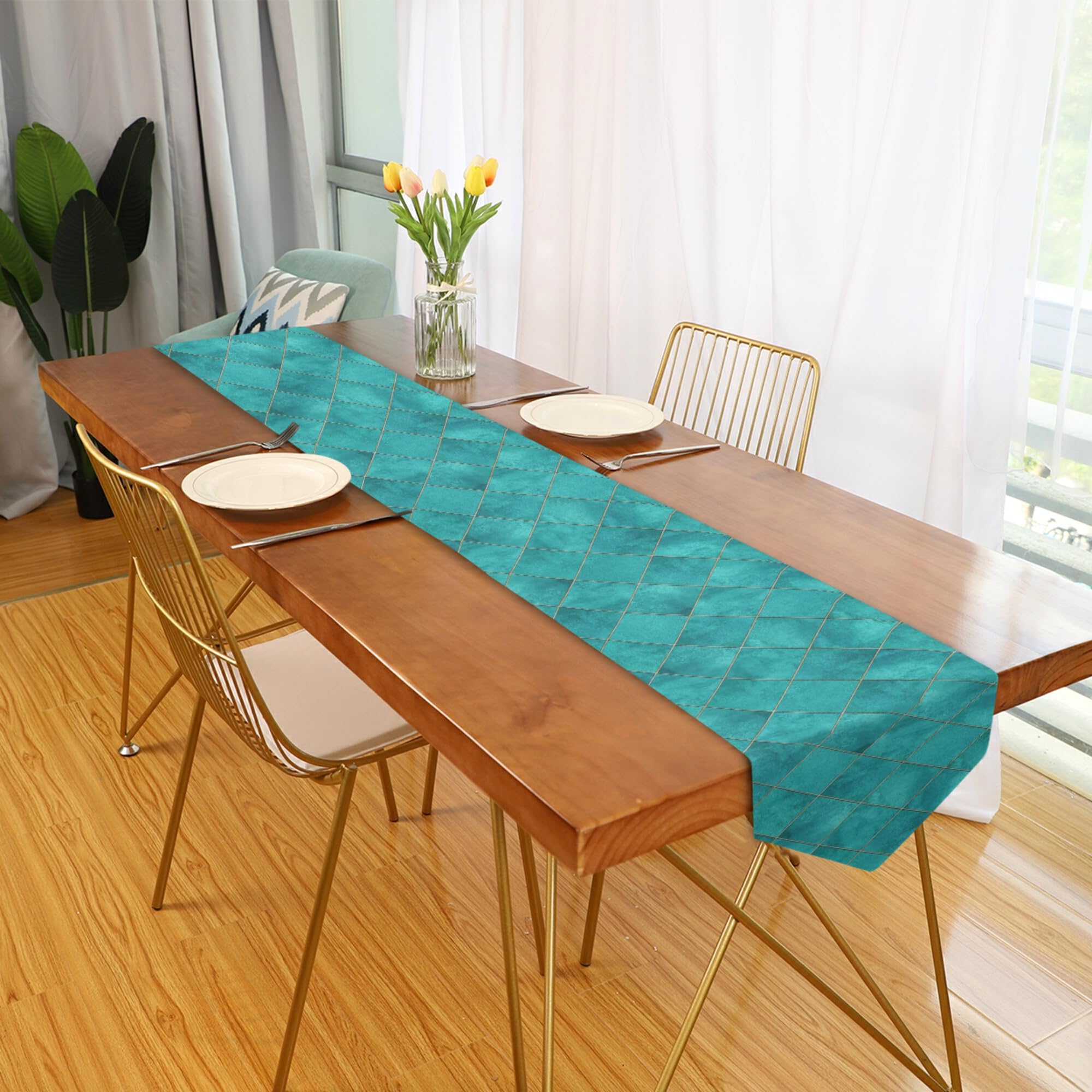 Elegant Teal Turquoise Plaid Table Runner 70 Inches Long - Perfect for Wedding, Farmhouse, Kitchen & Coffee Table Decor - Ideal for Dining, Parties & Home Decoration