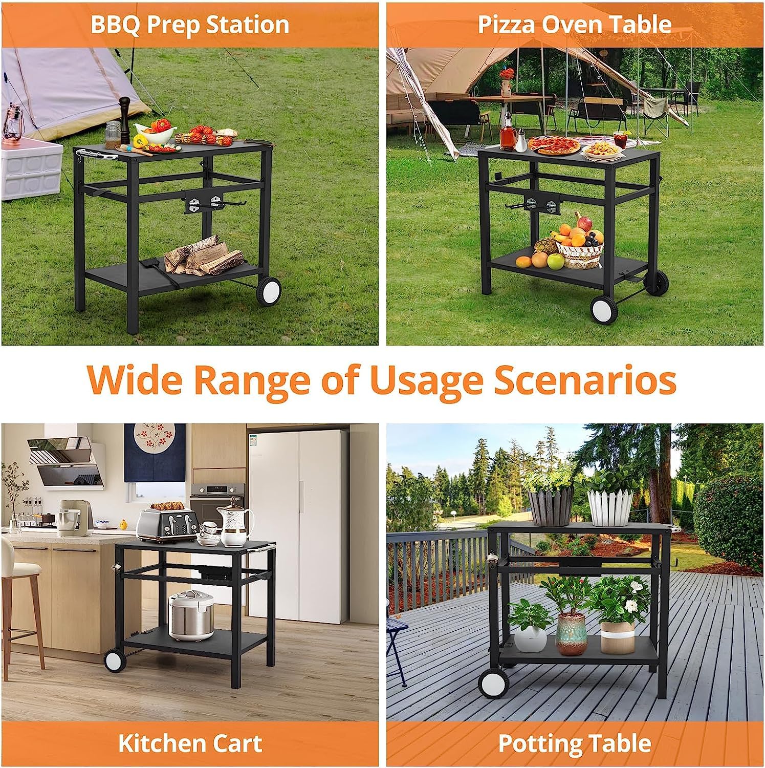 Premium Rolling Bar Cart with Wheels & Hooks - Outdoor BBQ Prep Table, Pizza Oven Stand & Grilling Station - Double Shelf Mobile Kitchen Cart with Side Handle - Perfect for Backyard, Patio, Camping & Home Kitchen Use (Black)