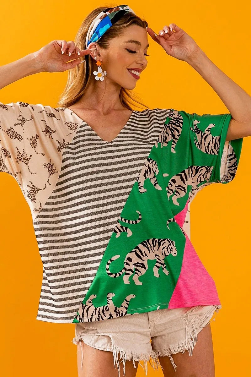 Bibi Tiger Women's Striped Contrast Color Block V-Neck T-Shirt - Casual Wear for Everyday Outfits, Work & Date Nights