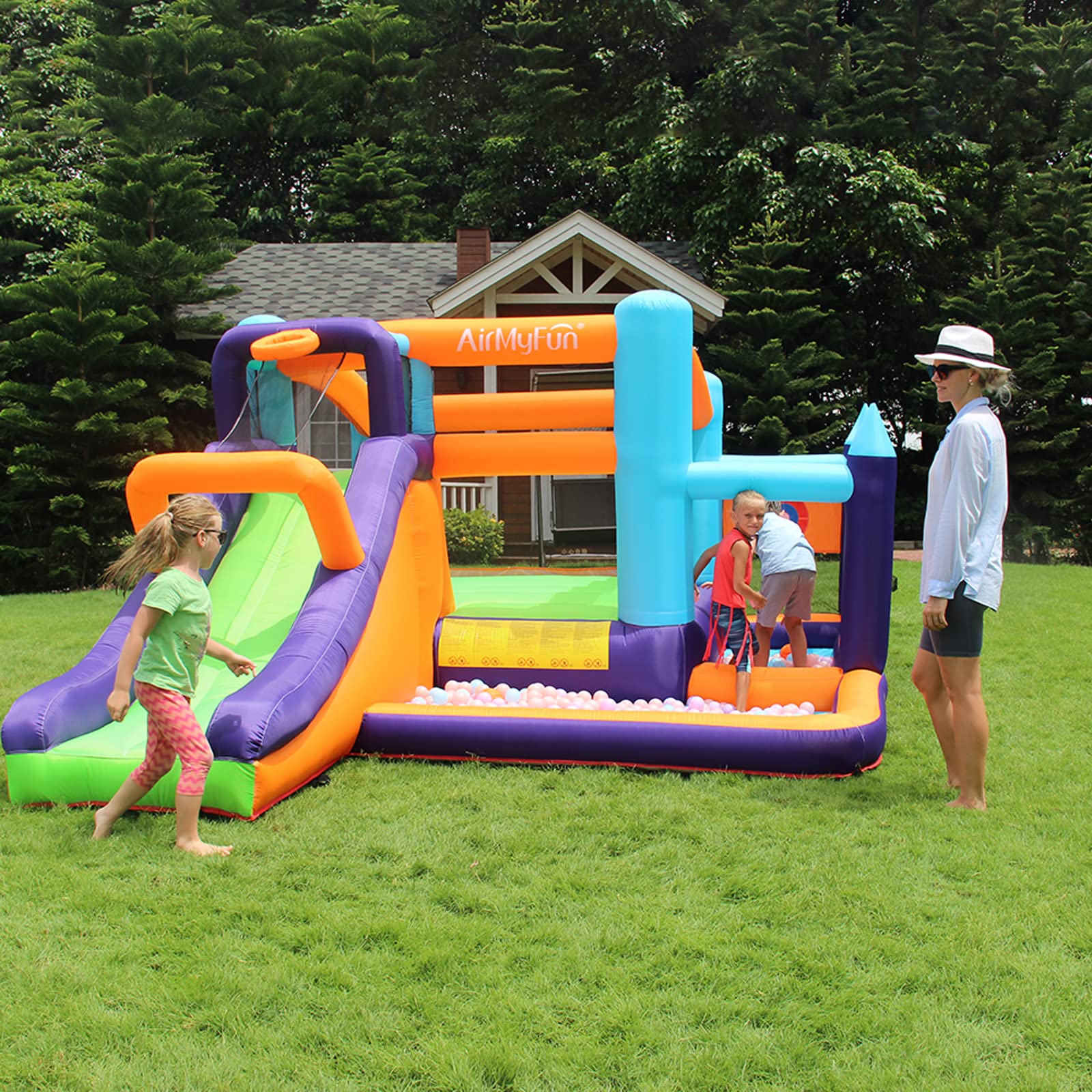 **AirMyFun Inflatable Bounce House with Slide for Kids - Indoor & Outdoor Bouncy Castle with Blower for Toddlers & Big Kids - Perfect for Backyard Parties, Birthday Celebrations & Family Fun**